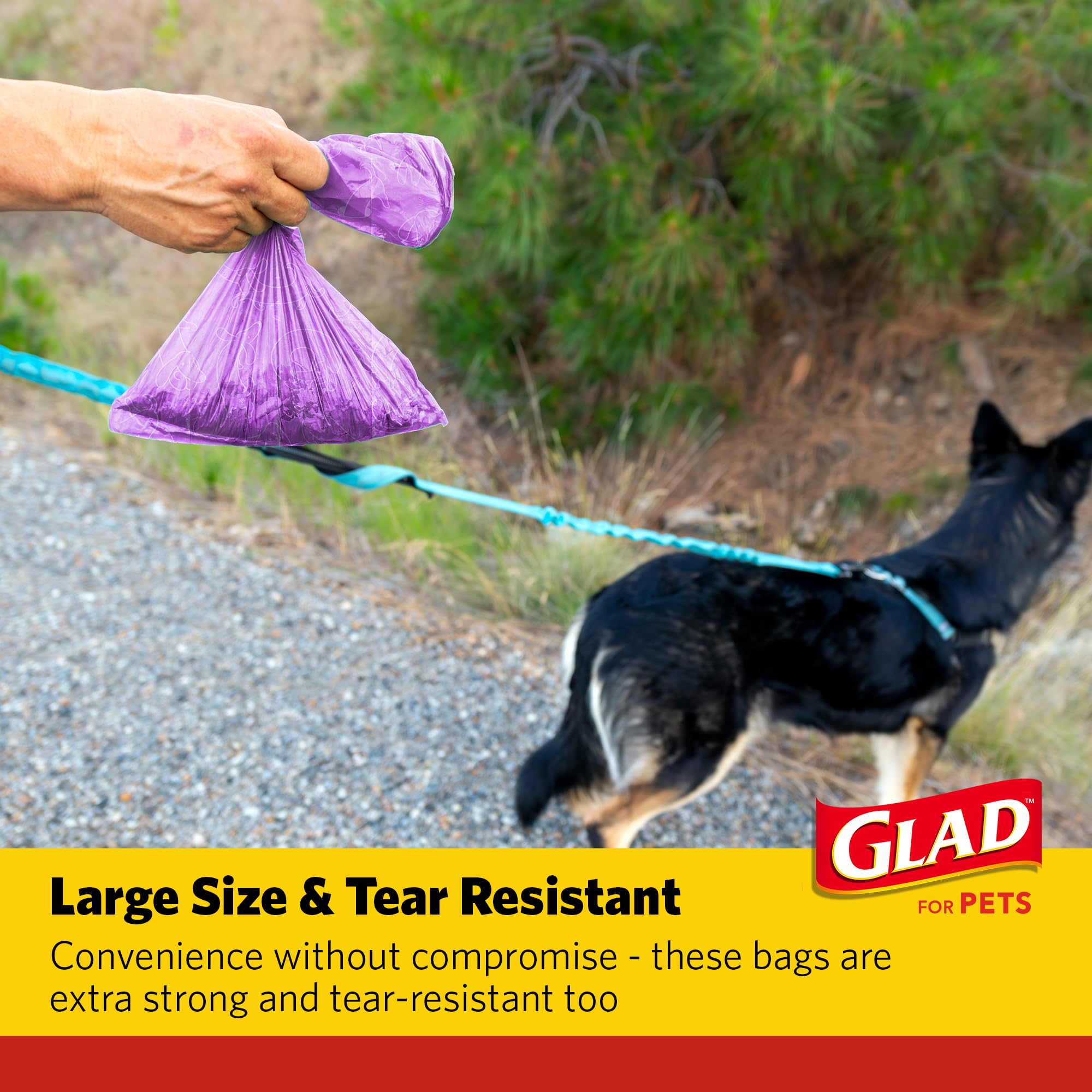 Glad for Pets Scented Waste Bags, Tear Resistant Pet Poop Pick-up Bags with Leak Protection, Fresh Lavender Scent, Purple Design