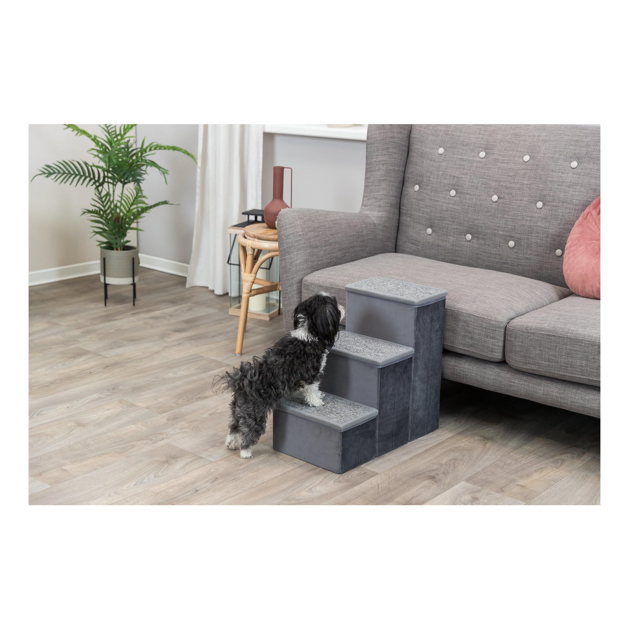 TRIXIE Velour 3-Step Pet Stairs with Storage, Collapsible, Storage Compartments for Pet Toys,Gray