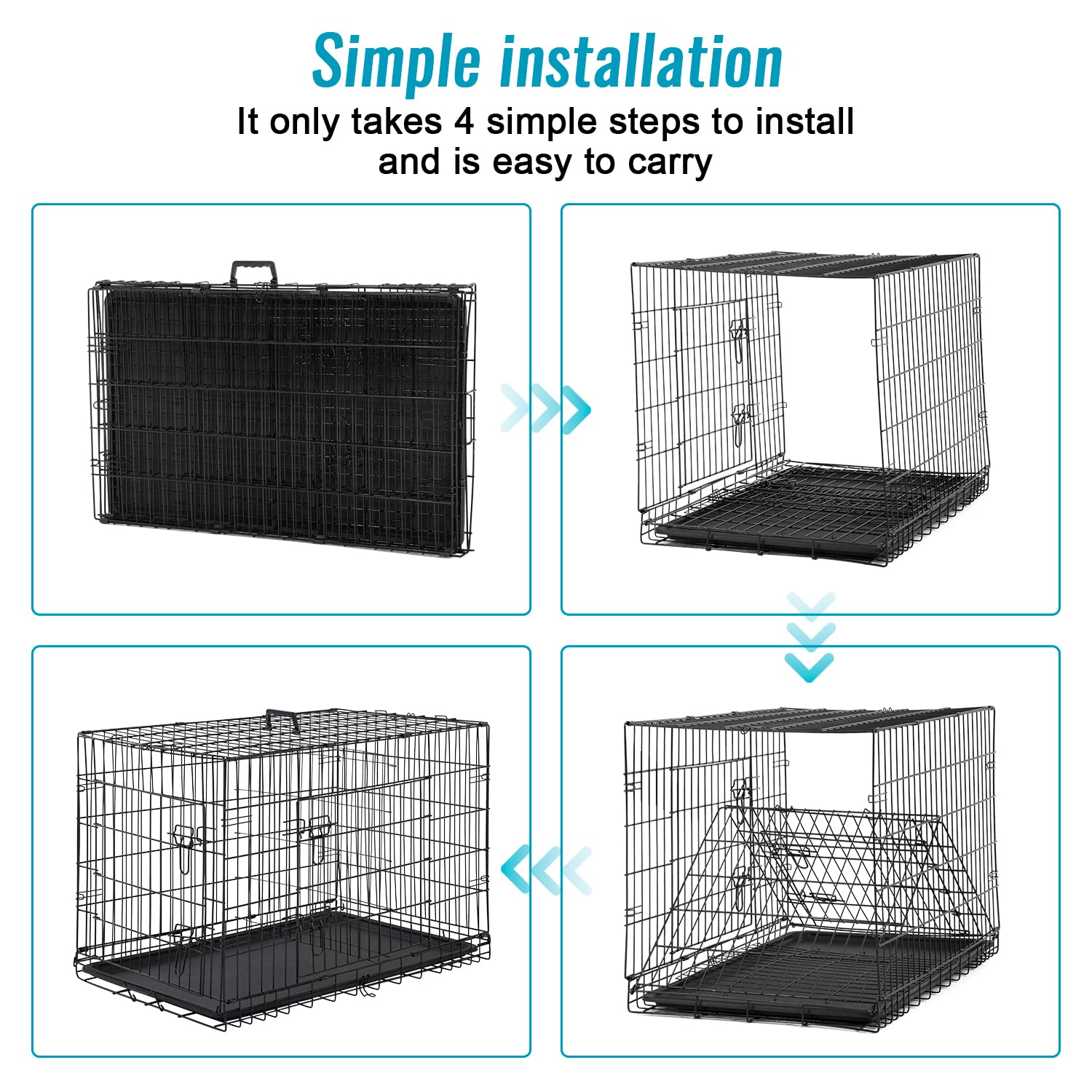 FDW Dog Crate for Small Dogs, 24" Folding Metal Wire Cage, Double Door, Black, with Divider Panel and Leak-Proof Tray