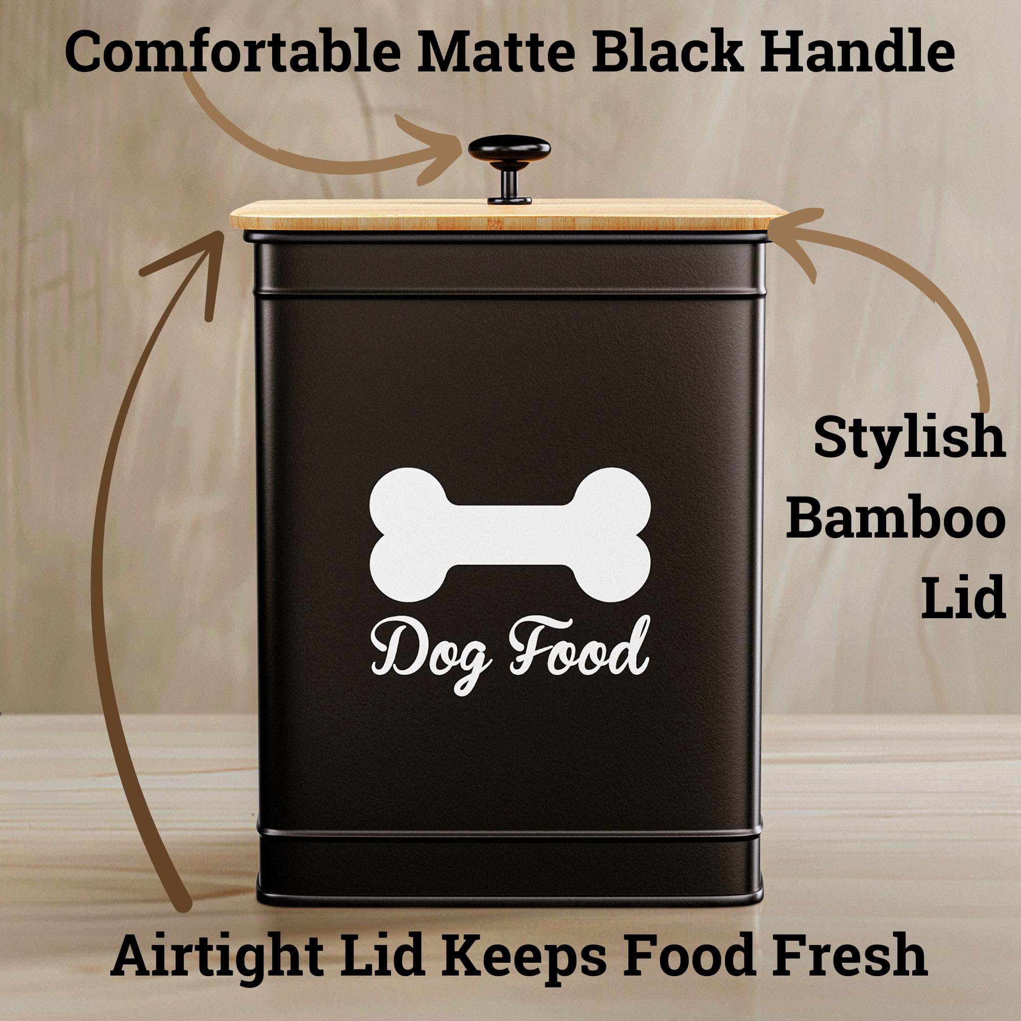 Dog Food Container Airtight 5-10 lb (25 Cup) Capacity - Cute Airtight Dog Food Storage Container with Bamboo Lid & Sturdy Metal