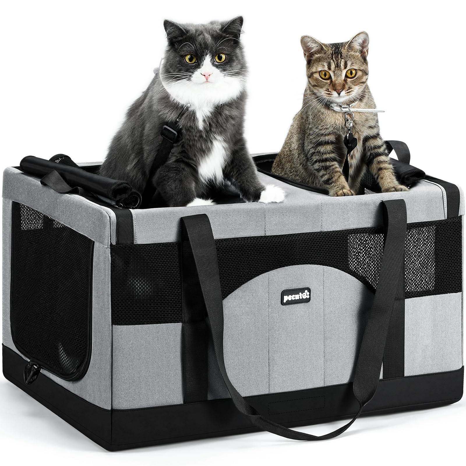 Pecute Large Cat Carrier for 2 Cats Built-in Steel Frame & Removable Divider,Pet Carrier for Car Travel,Foldable Dog Crate,Soft 
