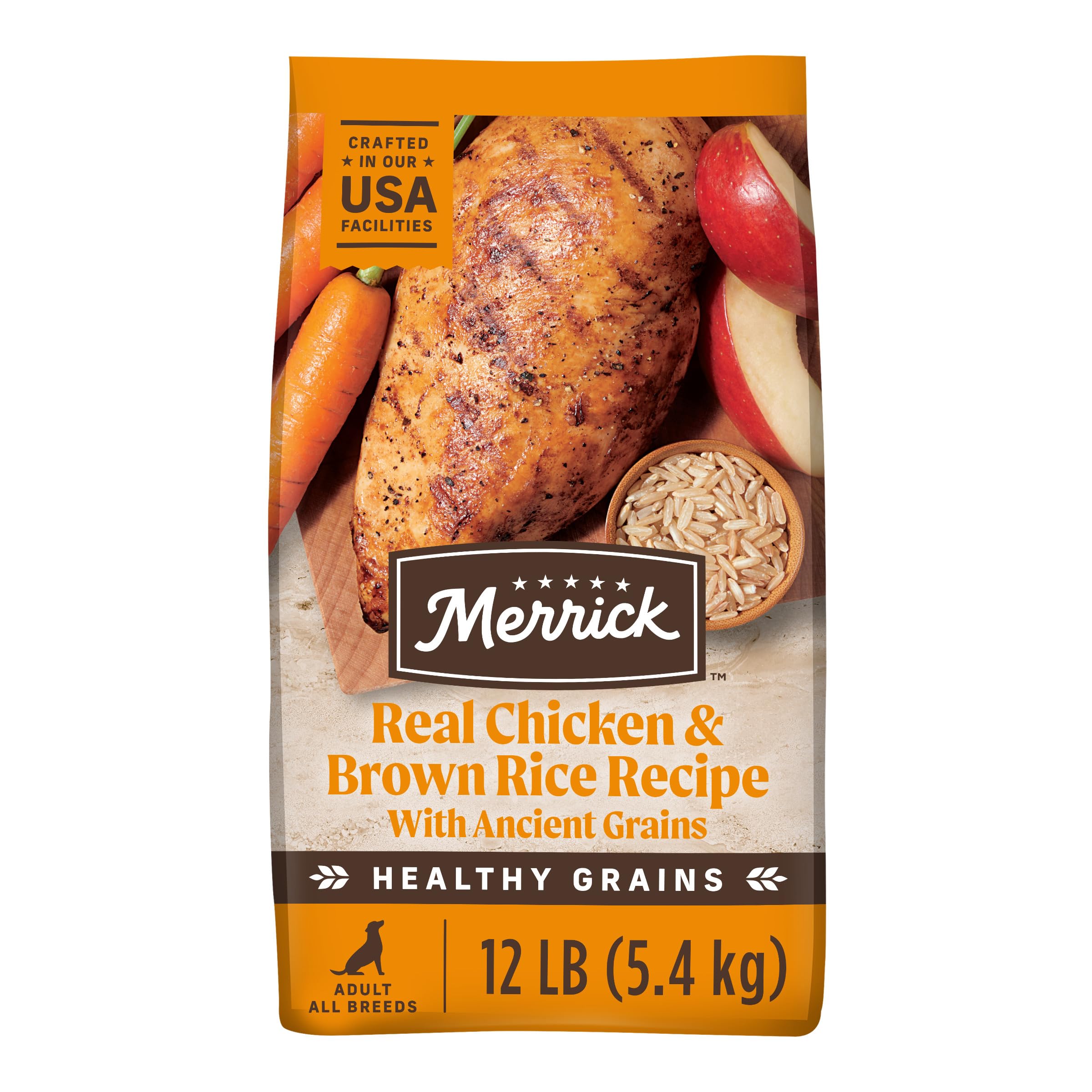 Merrick Healthy Grains Premium Adult Dry Dog Food, Wholesome And Natural Kibble With Chicken And Brown Rice - 12.0 lb. Bag