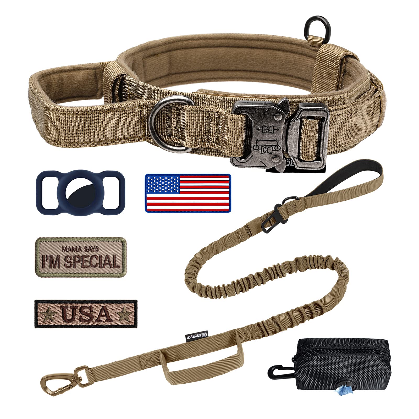 OEBEESA Dog Collar and Leash: - Nylon K9 Collars with Handle and Heavy Duty Metal Buckle for Medium and Large Dogs with 3 Patche