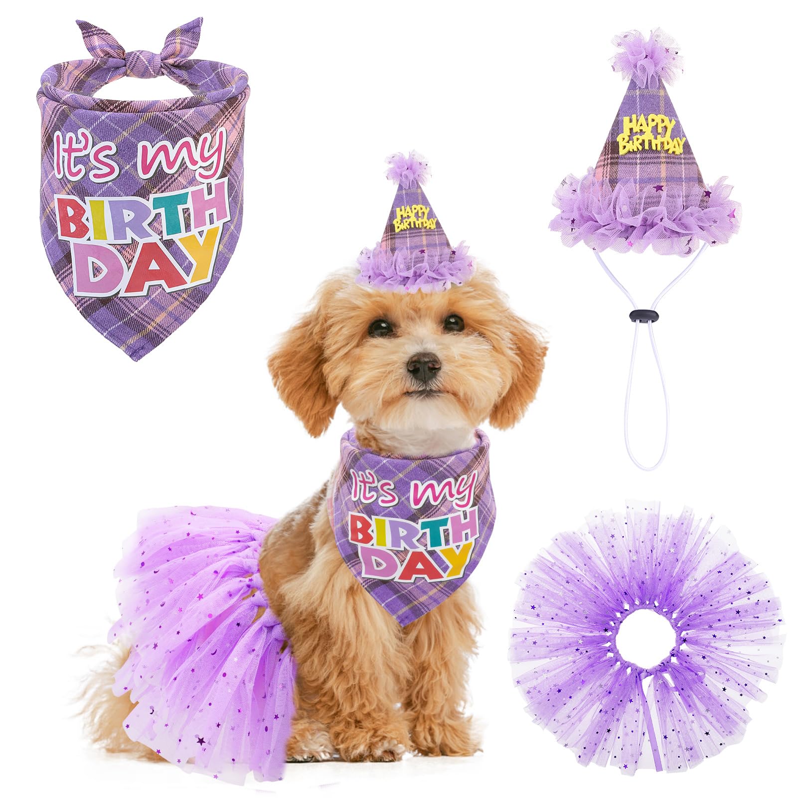 SCENEREAL Dog Birthday Bandana Hat with Dress Girl Set Party Supplies Plaid Puppy Birthday Outfit Cute Dog Tutus for Small Mediu