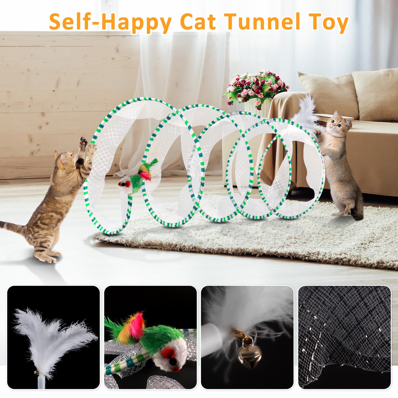 Eggsun 2-Piece Spiral Cat Tubes For Indoor Cats, Large Collapsible Tunnel With Feather Mouse Interactive Toy (Green + Blue & Whi
