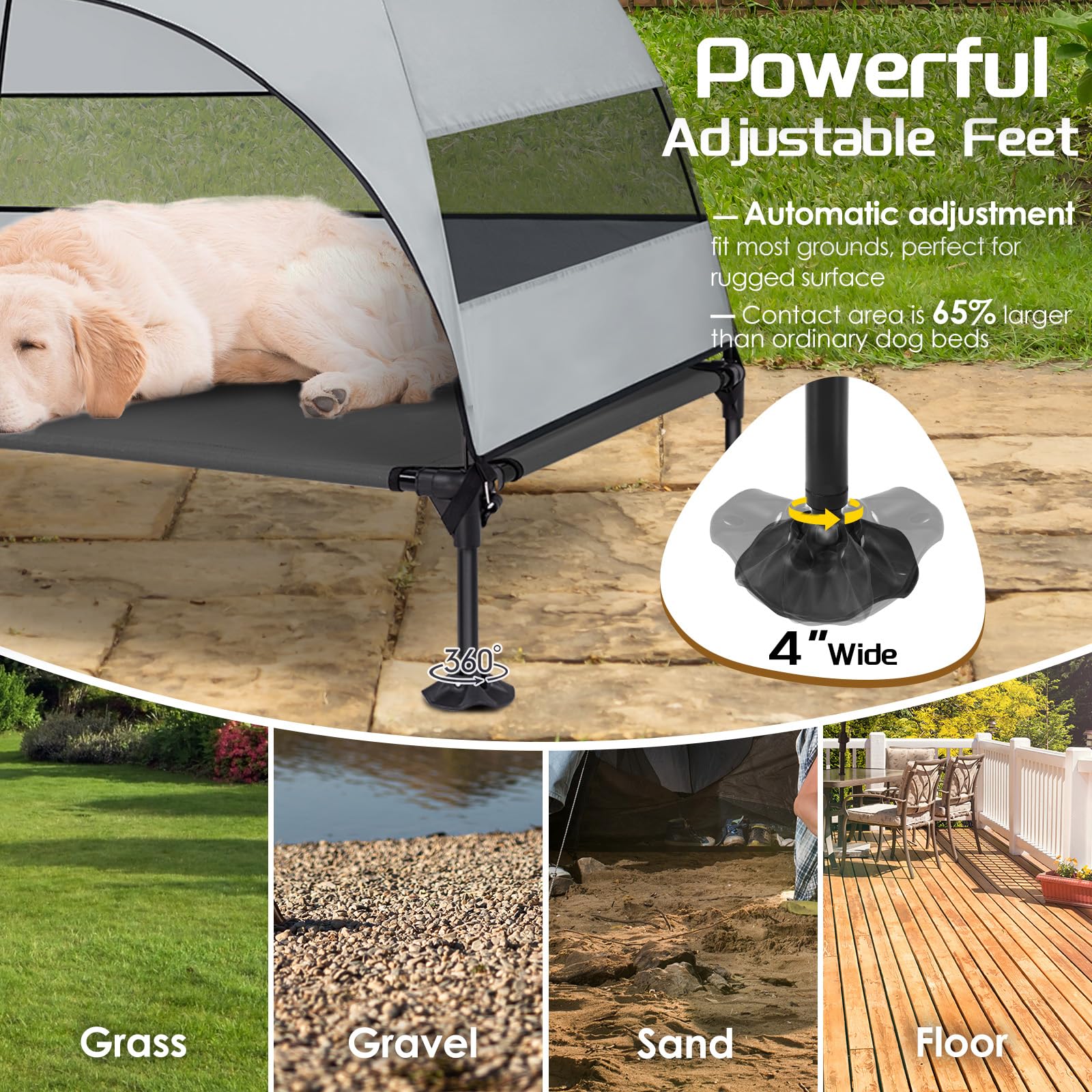 Elevated Dog Bed With Upgraded Canopy, Raised Outdoor Dog Tent With Powerful Anti-Slip Feet, Portable Pet Cot With Larger Shade,