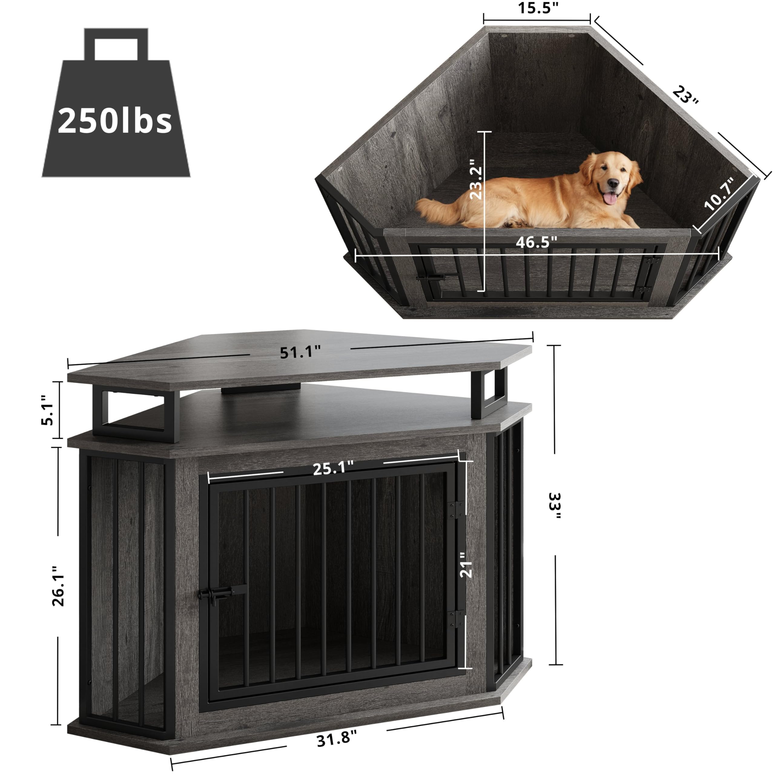 IRONCK 51" Corner Wooden Dog Crate, Rustic Brown Pet Kennel with 2-Tier Shelves for Large Dogs, Engineered Wood, Model QR-6599