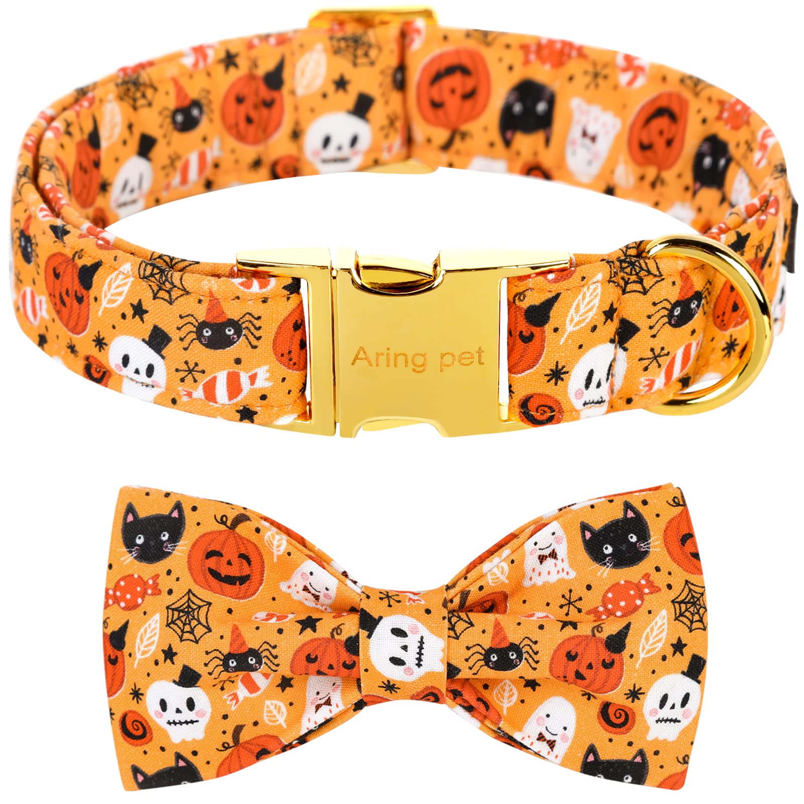 Aring Pet Dog Collar With Bow-Halloween Dog Collar Bowtie, Adorable Boy And Girl Ghost Pumpkin Dogs Bowtie Collar Gifts With Metal Buckle