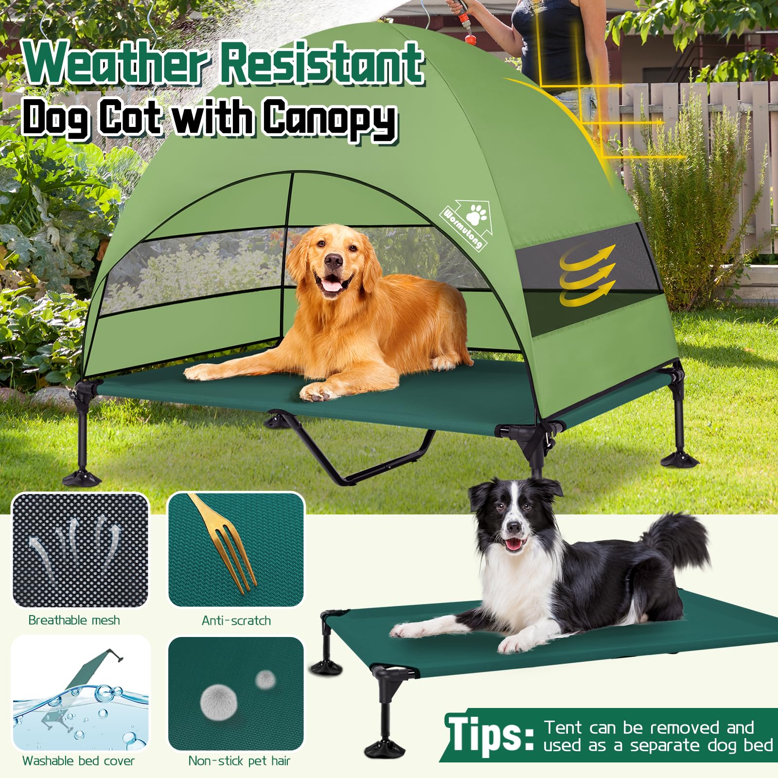Elevated Outdoor Dog Bed With Canopy, Raised Dog Cot With Stable Adjustable Feet, Dog Camping Bed With Larger Shade, Lifted Dog