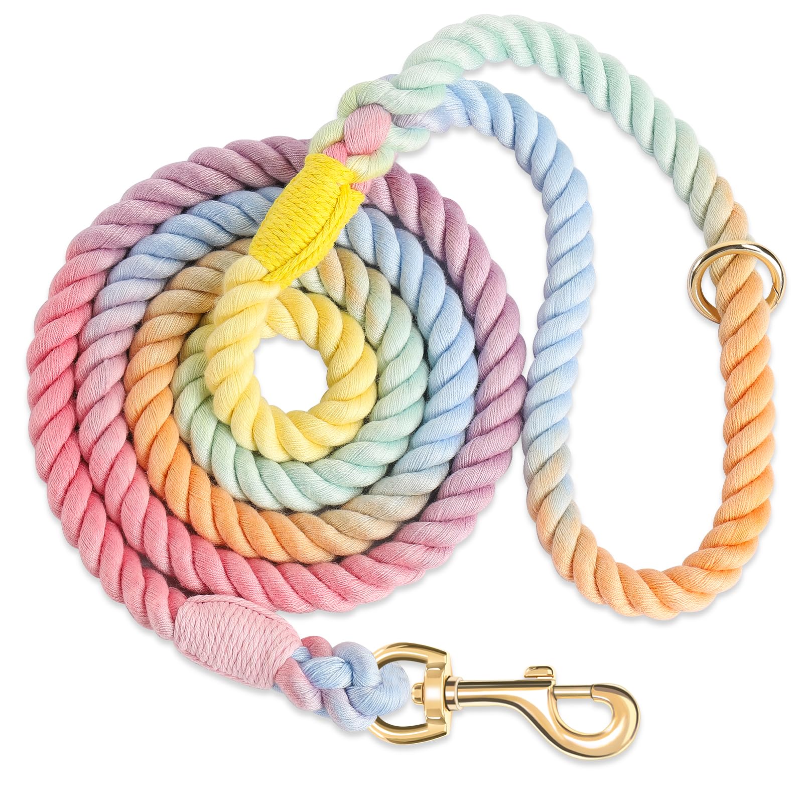Nugutic Rope Dog Leash Handmade Braided Cotton Rope Leashes With Heavy Duty Metal Clasp, Cute Dog Leash, Wedding Dog Leash (Colorful Macaron, 5 Ft)