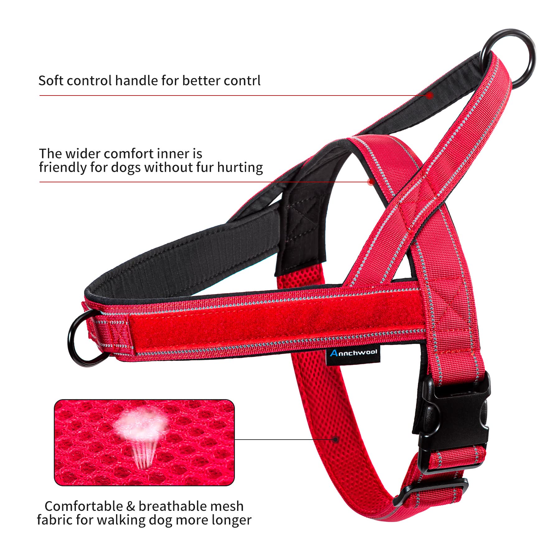 Annchwool No Pull Dog Harness with Soft Padded Handle,Reflective Strip Escape Proof and Quick Fit to Adjust Dog Harness,Easy for