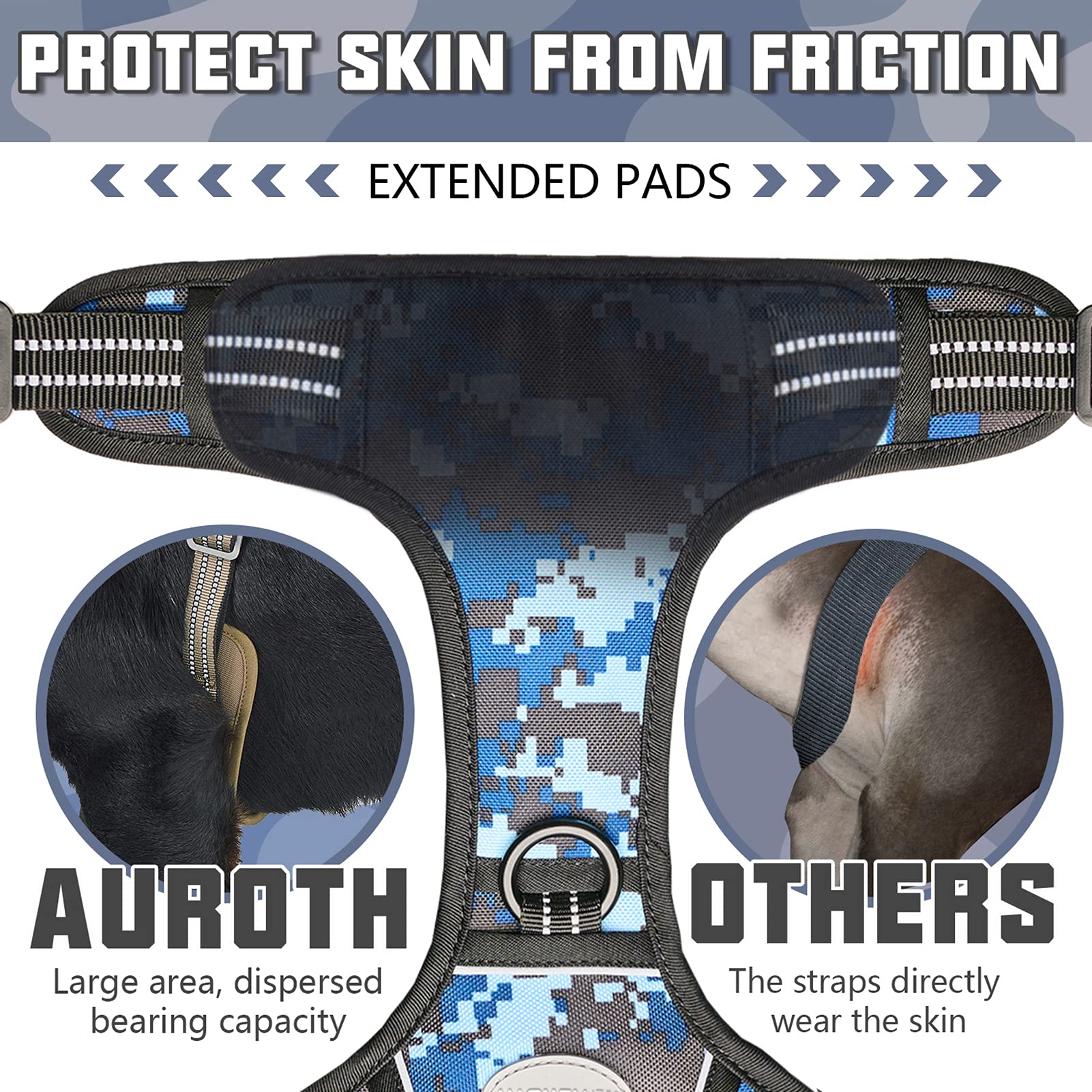Auroth Tactical Dog Training Harness No Pulling Front Clip Leash Adhesion Reflective K9 Pet Working Vest Easy Control For Small Medium Large Dogs Blue Camo L