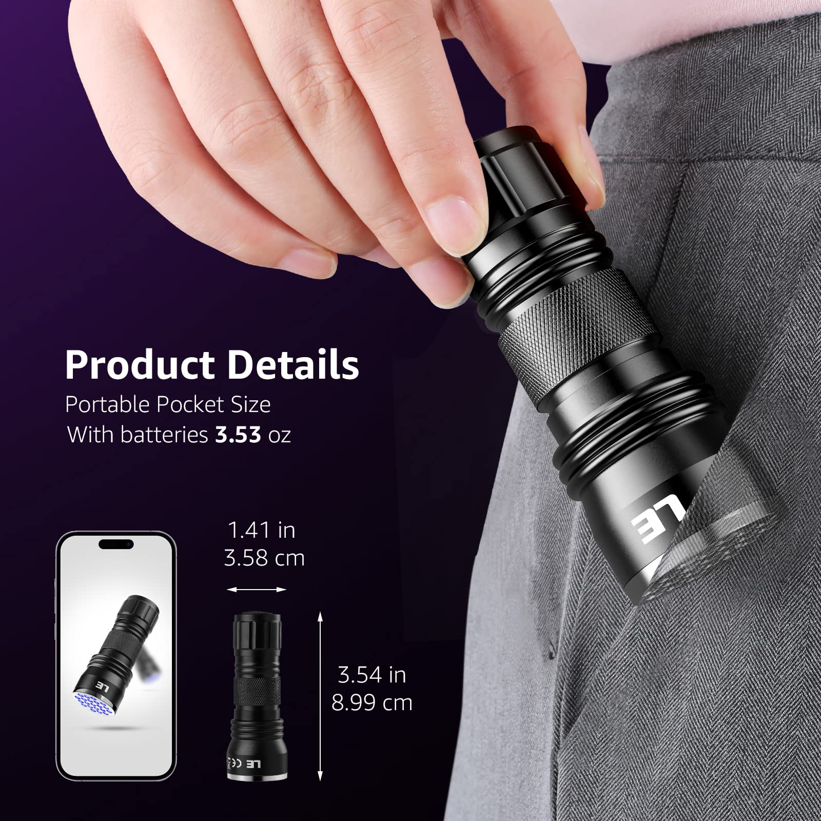 Le Black Light Flashlight, Small Uv Lights With 21 Leds, 395Nm, Ultraviolet Light Detector For Invisible Ink Pens, Pet Dog Cat Urine Stain And More, Aaa Batteries Included