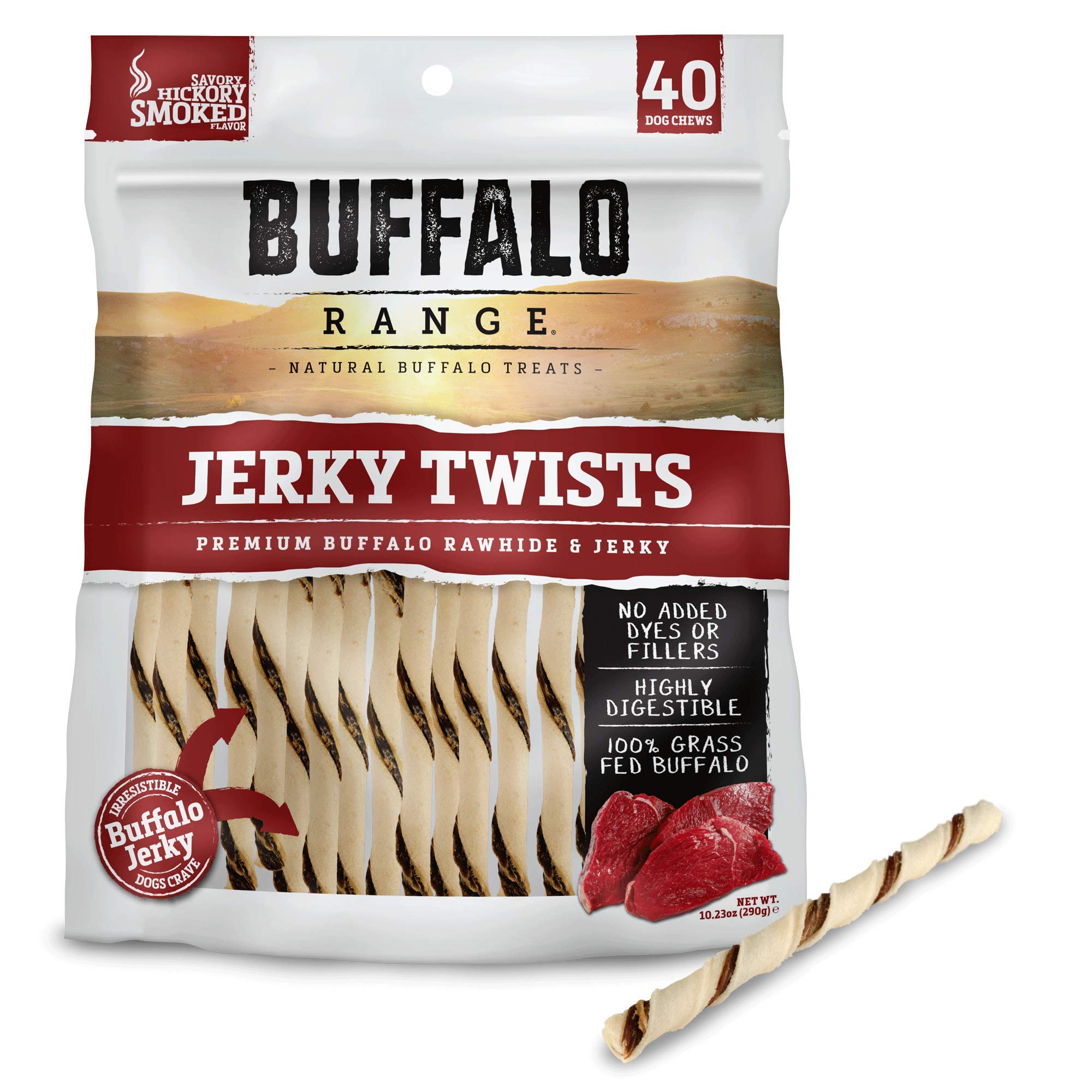 Buffalo Range Rawhide-Free Dog Treats - Natural Jerky Twists Made with Grass-Fed Buffalo - Hickory Smoked Flavor High Protein Ch