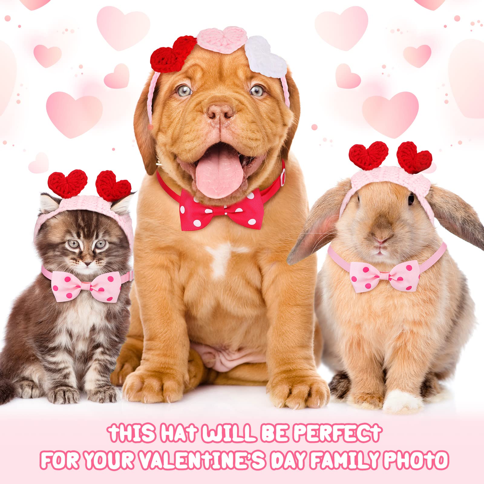 Mtlee 2Pcs Valentines Day Heart Headband For Cat And 2Pcs Pet Neck Bow Cat Valentines Day Headband With Ear Holes And Chin Strap