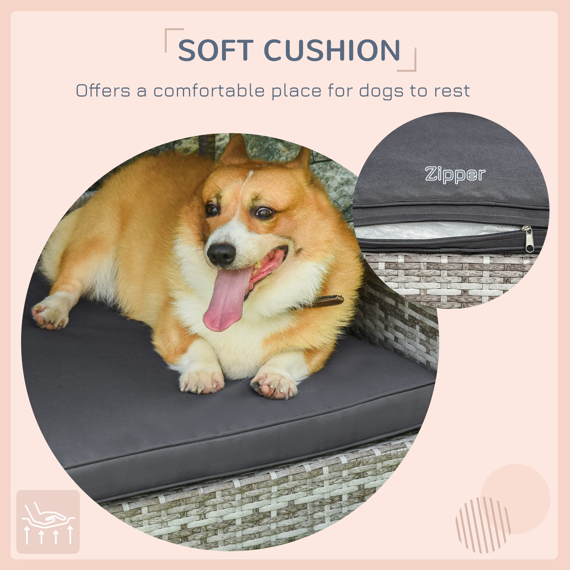 PawHut Wicker Dog House Elevated Raised Rattan Bed for Indoor/Outdoor with Removable Cushion Lounge, Charcoal Grey