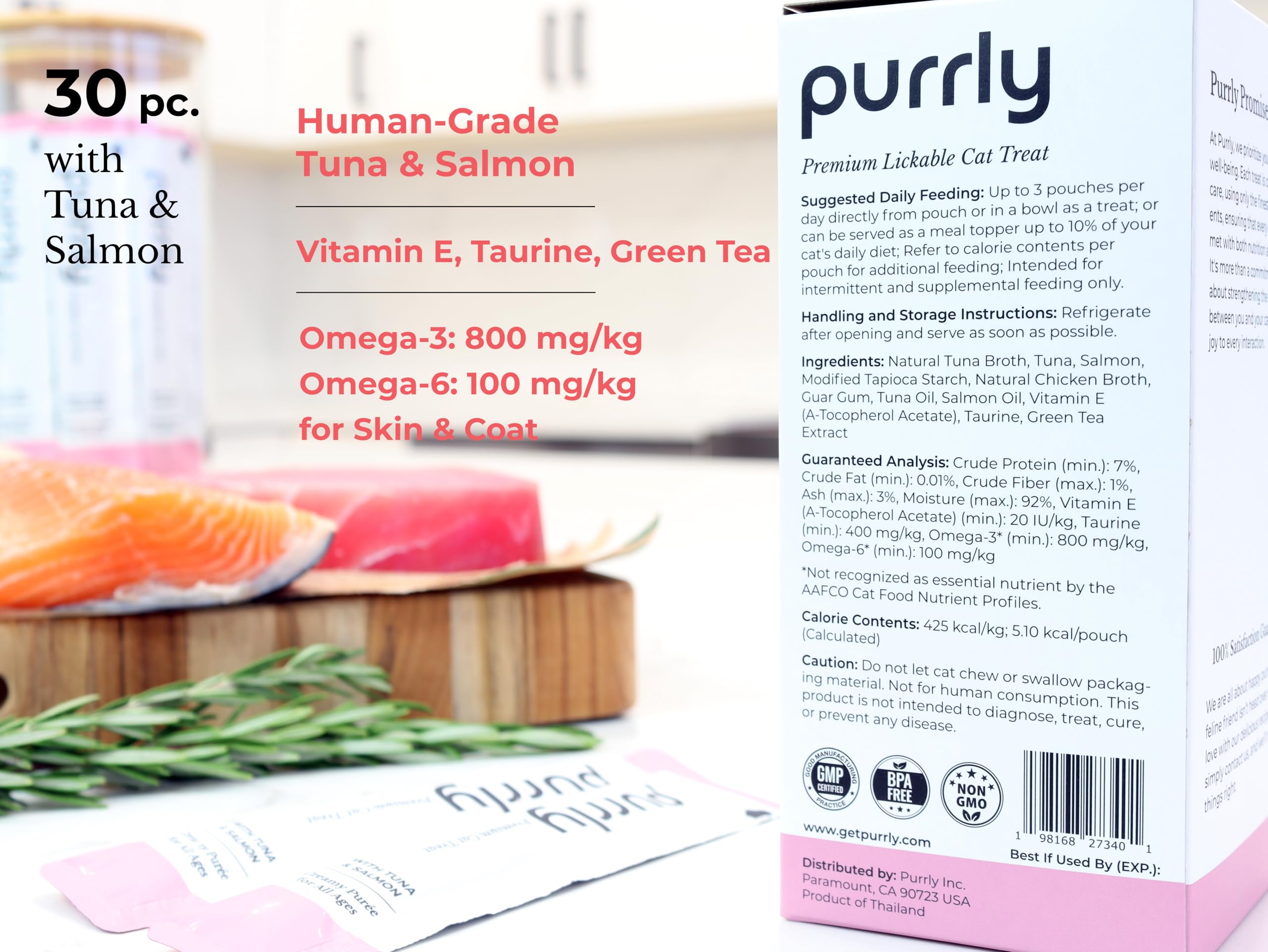 Purrly Squeezable Cat Treats Wet Healthy Interactive Hydrating Human-Grade Tuna & Salmon with Omega-3 & 6 for Skin & Coat (30 Co