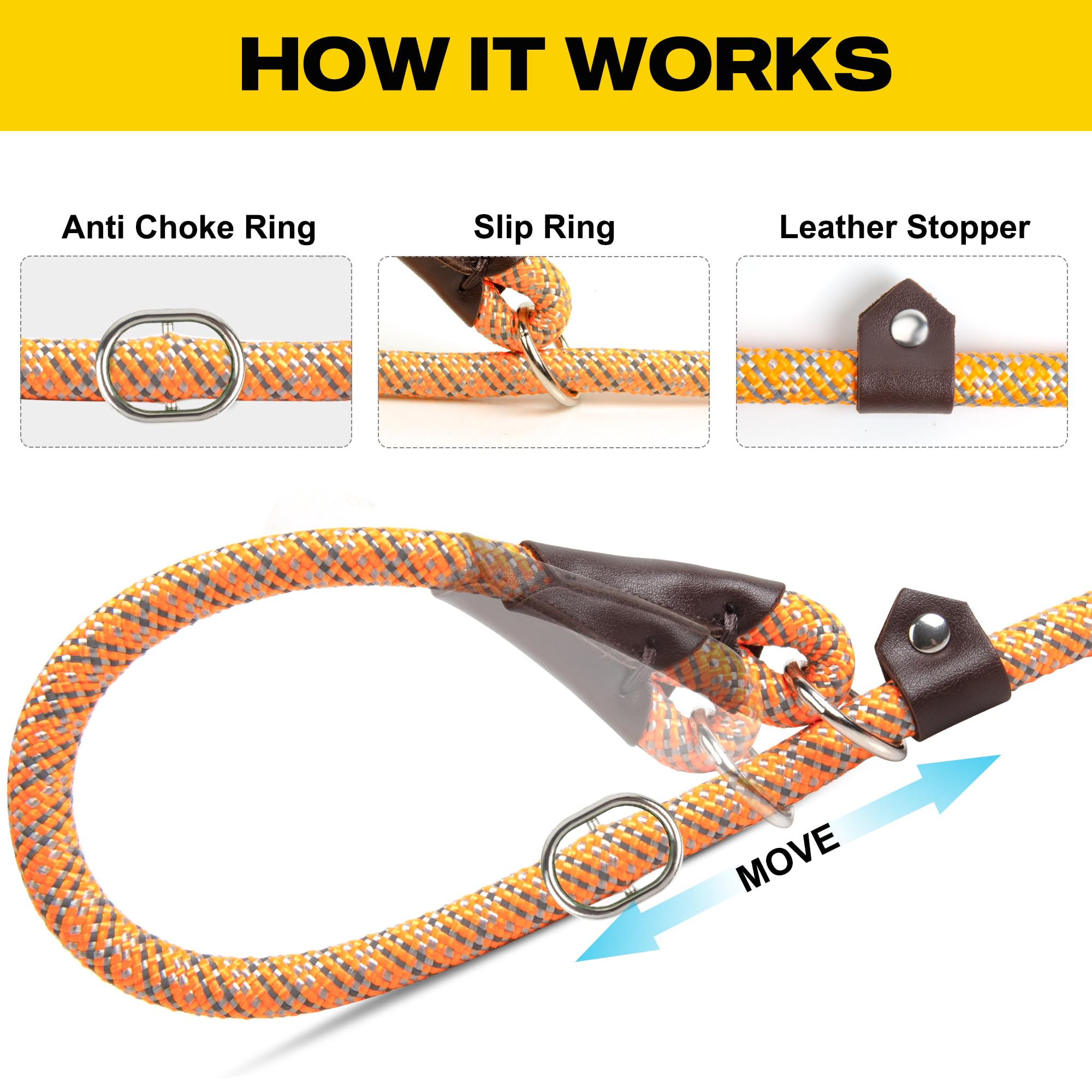 Fida Durable Slip Loop Lead For Large, Medium Dogs, 6 Ft X 1/2' Heavy Duty, Comfortable Strong Rope, No Pull Pet Training Leash With Highly Reflective, Orange