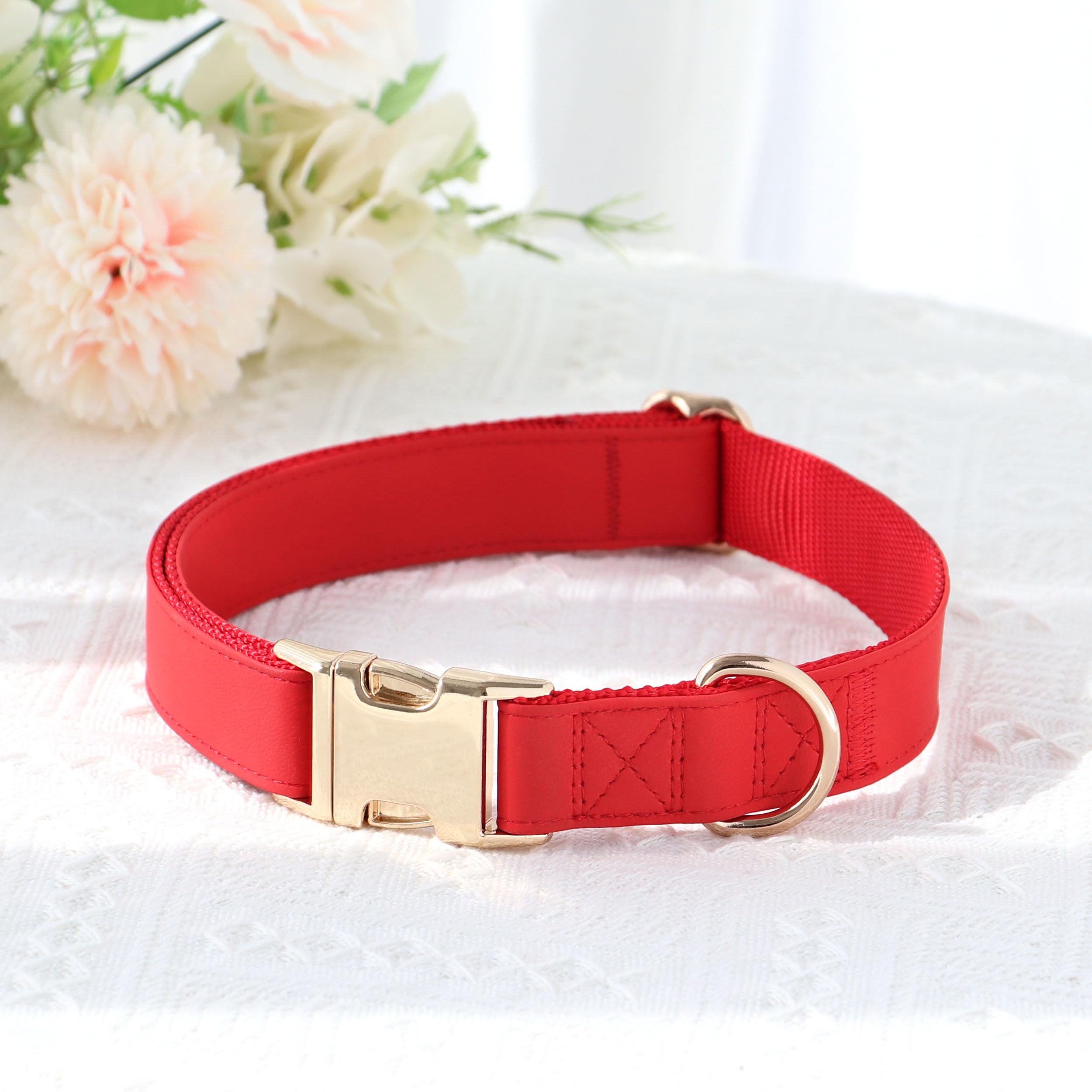 Pet Artist Charming Nylon Dog Collar With Leather Soft Comfy Elegant Nylon Collars For Dogs Small Medium Large 4 Bright Solid Color For Choosing Blue Red Brown Grey (Red,Neck Fit 9-14'')