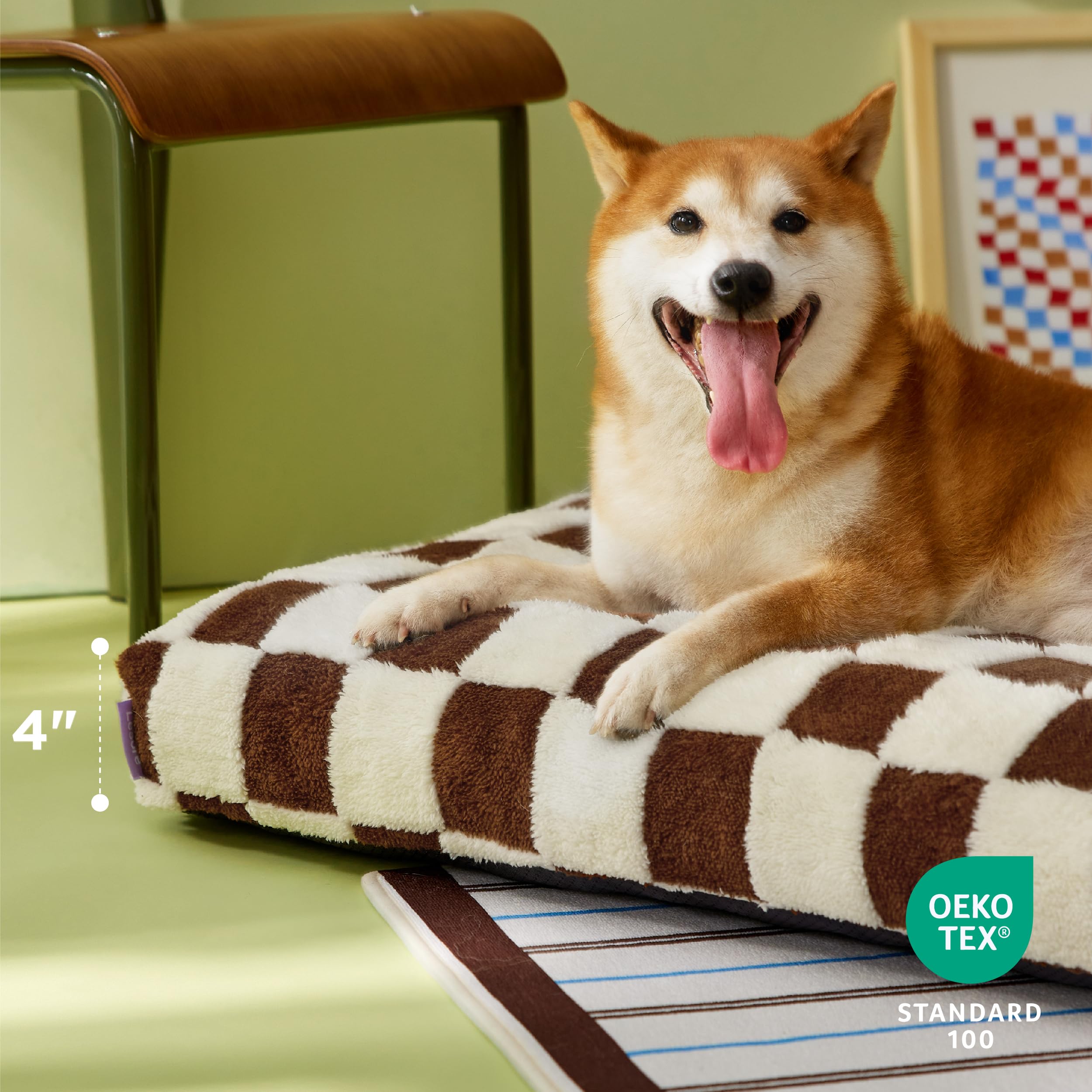 LE SURE Large Dog Bed - Thick Foam Pet Bed with Removable Cover, 36"x27", Brown Checks, Anti-Slip Bottom, Modern Plush Design