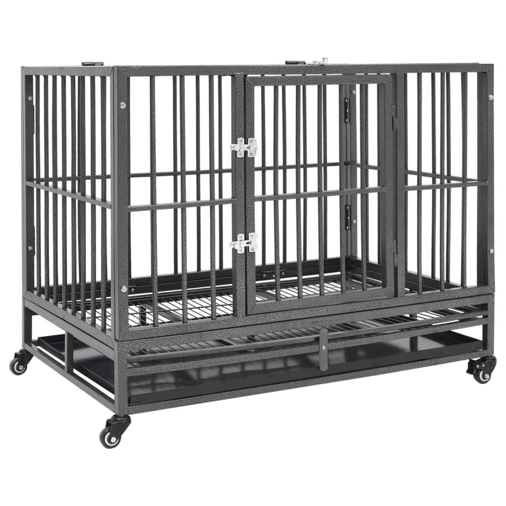 Vidaxl Secure Dog Cage With Wheels, Sturdy Steel Frame With Security Latches, Easy Clean Removable Tray, Optimal Visibility And Ventilation