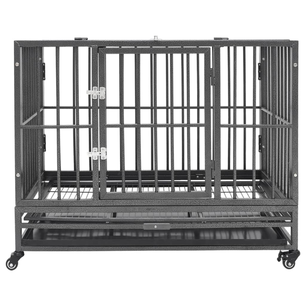 Vidaxl Secure Dog Cage With Wheels, Sturdy Steel Frame With Security Latches, Easy Clean Removable Tray, Optimal Visibility And Ventilation