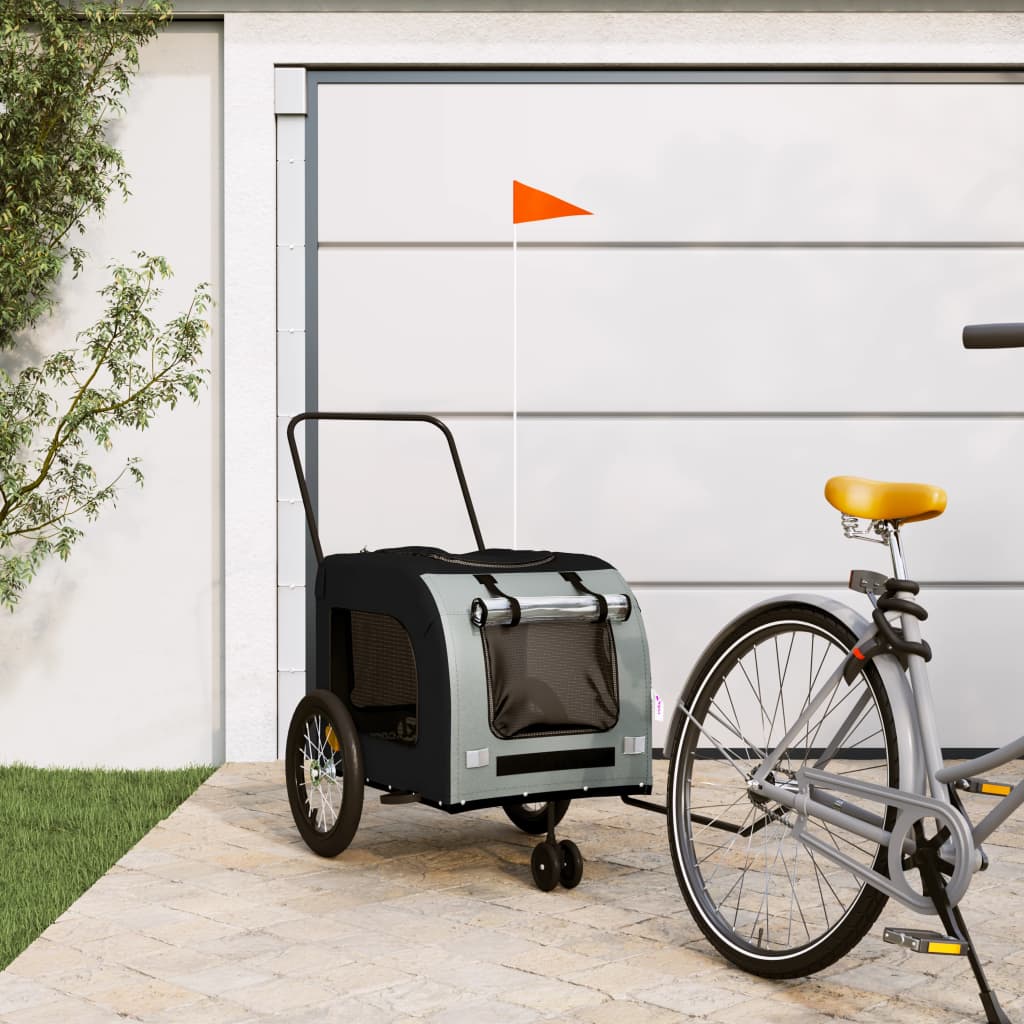 vidaXL Pet Bike Trailer - Black/Gray Iron Frame for Small Dogs & Pets - Oxford Fabric, PVC Cover, Reflectors, Flag - 24.8x47.6x25.6 inches