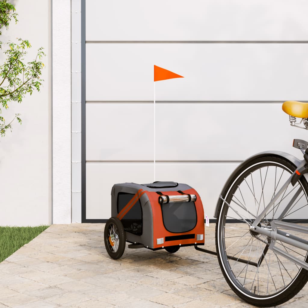 vidaXL Pet Bike Trailer for Small Dogs - Oxford Fabric/Iron Frame, Sturdy Cycle Pet Carrier with Cover, Airy Windows, Easy Entry, Reflectors - Orange/Gray, 48.8x20.9x20.9 Inches