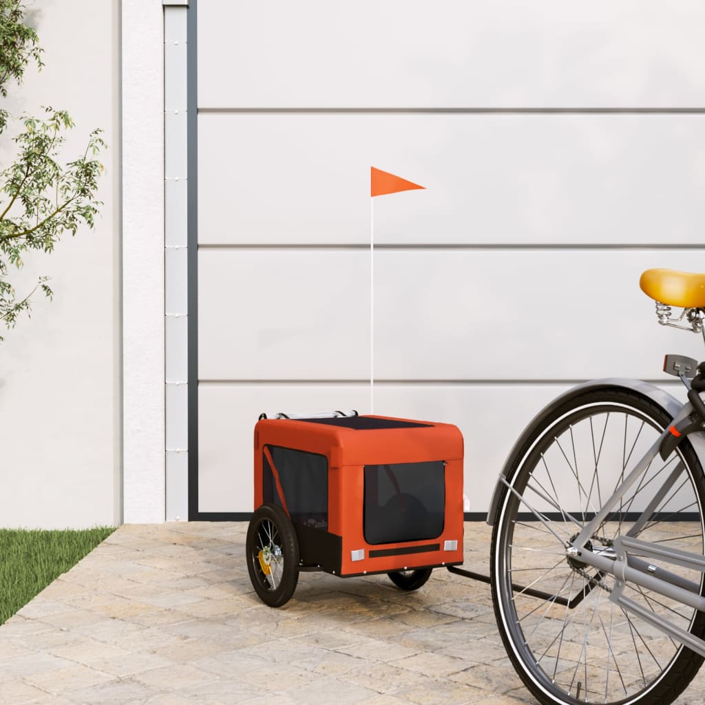 vidaXL Pet Bike Trailer-Orange/Black, Oxford Fabric, Iron Frame, Versatile Attachment for Bicycles, Reflective Safety Features, Smooth Large Wheels, Weather Cover, Spacious and Ventilated