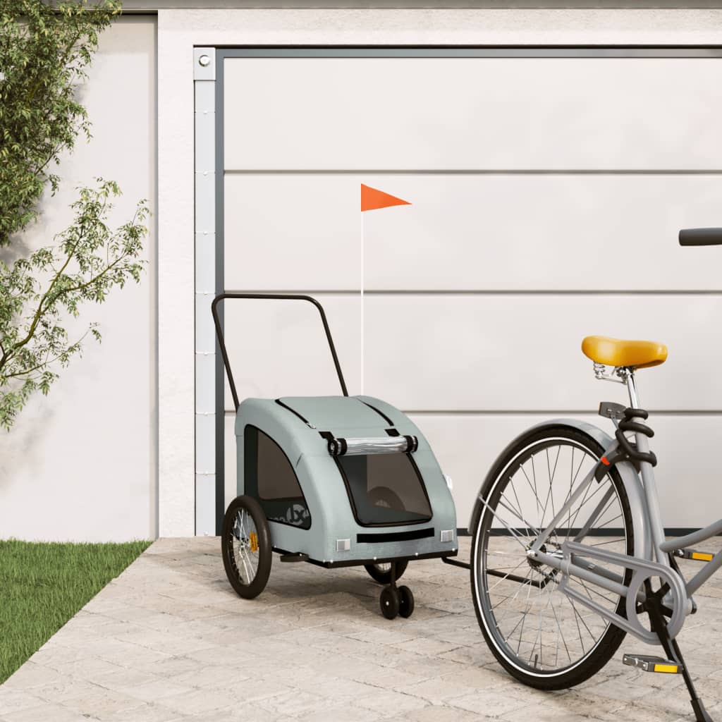 vidaXL Pet Bike Trailer for Small Dogs - Gray Oxford Fabric/Iron Frame, PVC Cover, Mesh Windows, Reflectors w/Flag, Comfortable & Safe, 53.9x26.8x28.3”