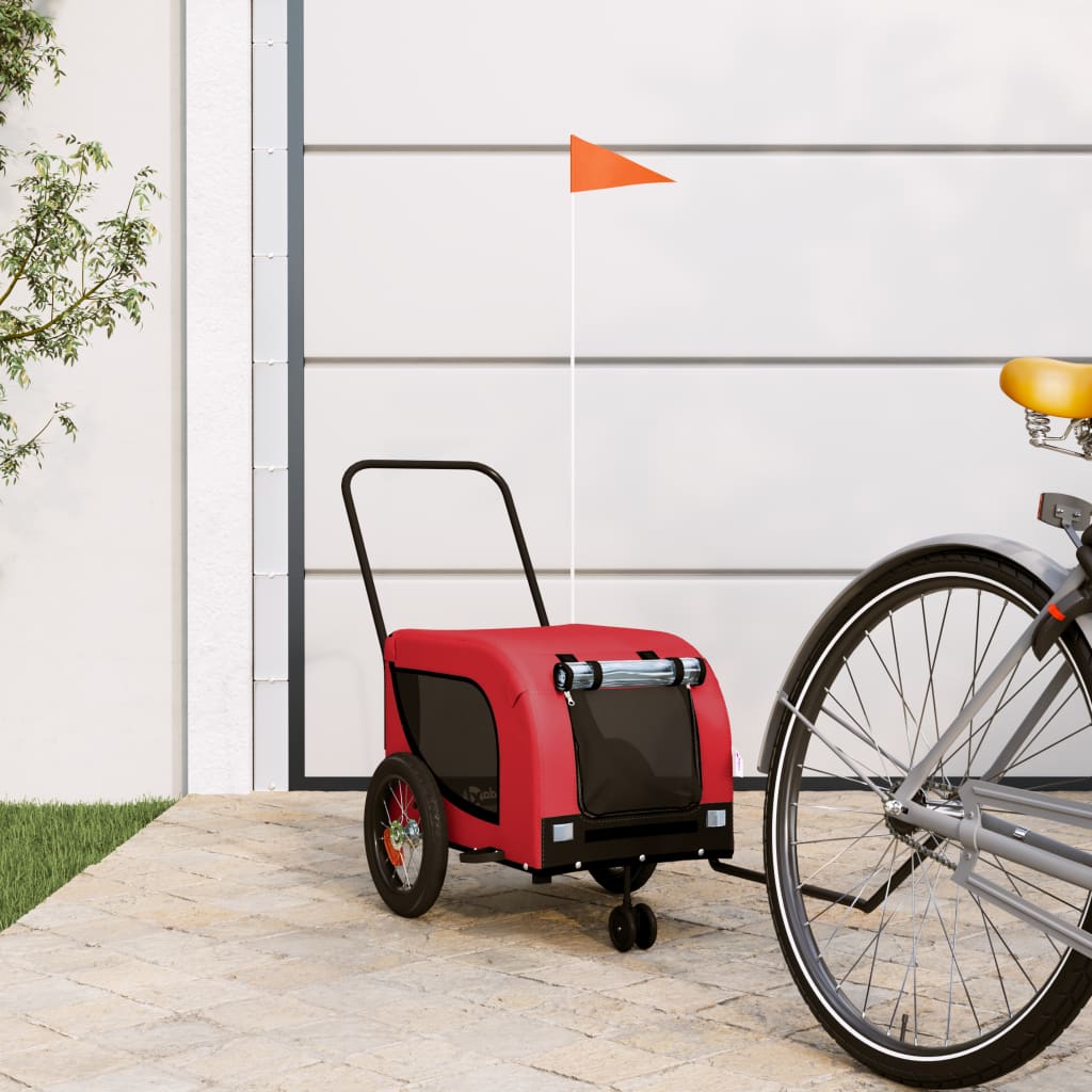 vidaXL Red/Black Pet Bike Trailer - Oxford Fabric/Iron, Comfortable Cabin, Safe Travel with Reflectors/Flag, Easy Access Zippered Doors