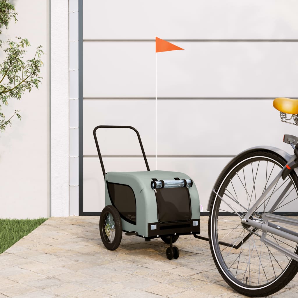 vidaXL Pet Bike Trailer Gray and Black - Sturdy Iron Frame - Oxford Fabric - Mesh Windows - Reflectors and Safety Flag - 48.8" x 20.9" x 20.9"