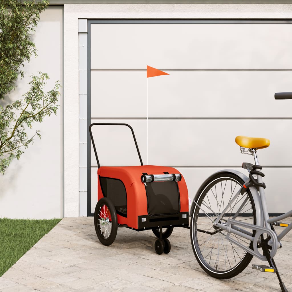 vidaXL Pet Bike Trailer - Orange & Black - Oxford Fabric, Iron Frame, 49.2" x 24.8" x 26" - Reflectors & Safety Flag - Multifunctional Carrier for Pets, Groceries, Camping