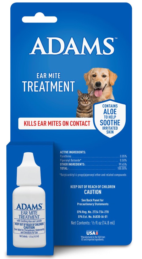 Adams Ear Mite Treatment for Dogs & Cats 0.5oz Kills Mites Fast Soothes Pet Ear 2PCK