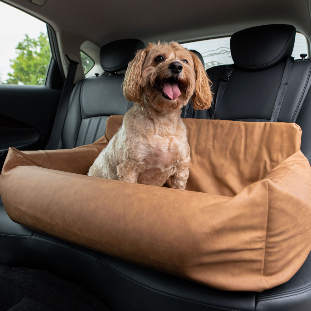 PupProtector Faux Cool-to-Touch Vegan Leather Memory Foam Dog Car Bed - Camel