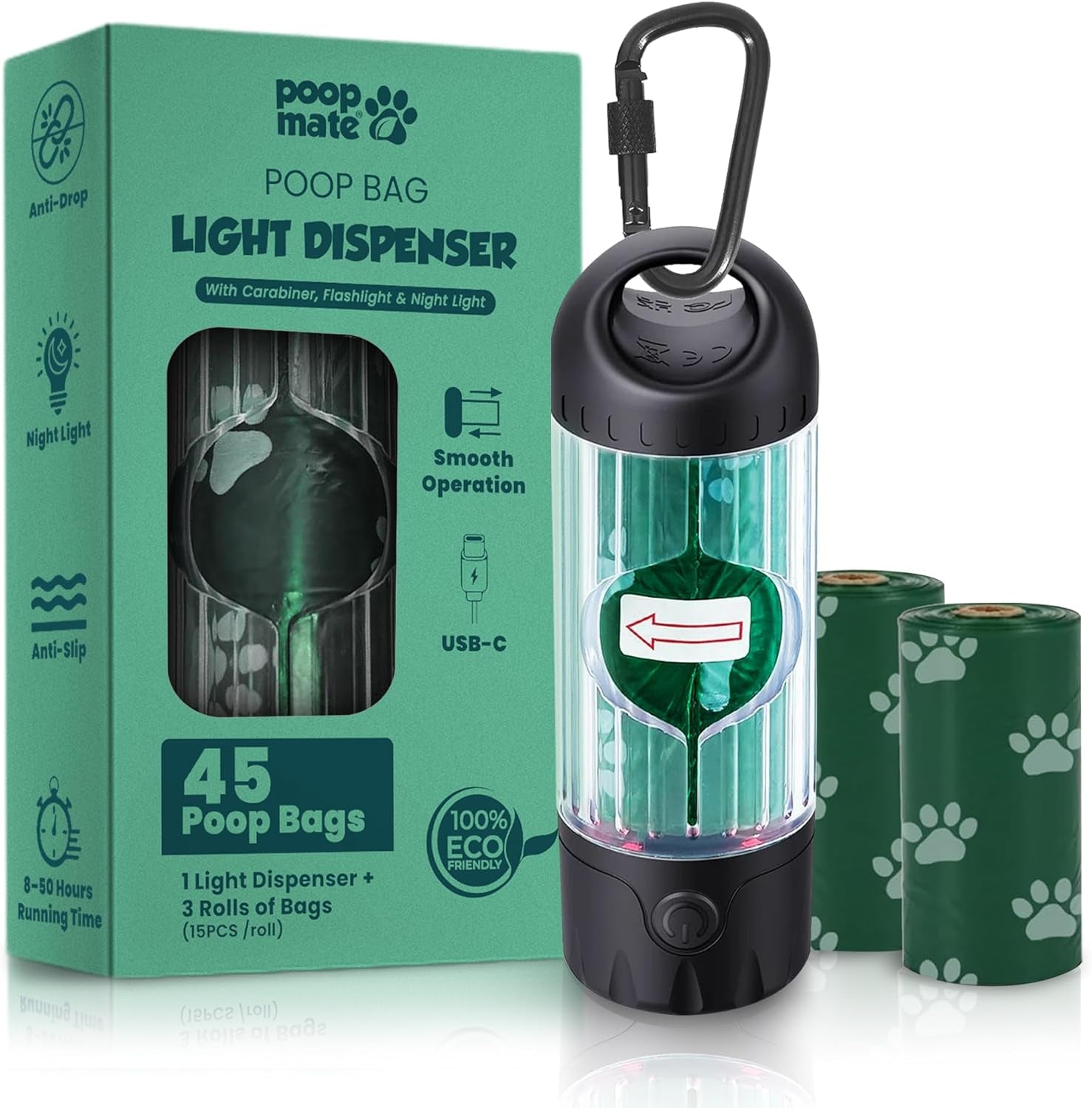 Dog Poop Bag Dispenser LED Flashlight USB C Rechargeable 45 Bags