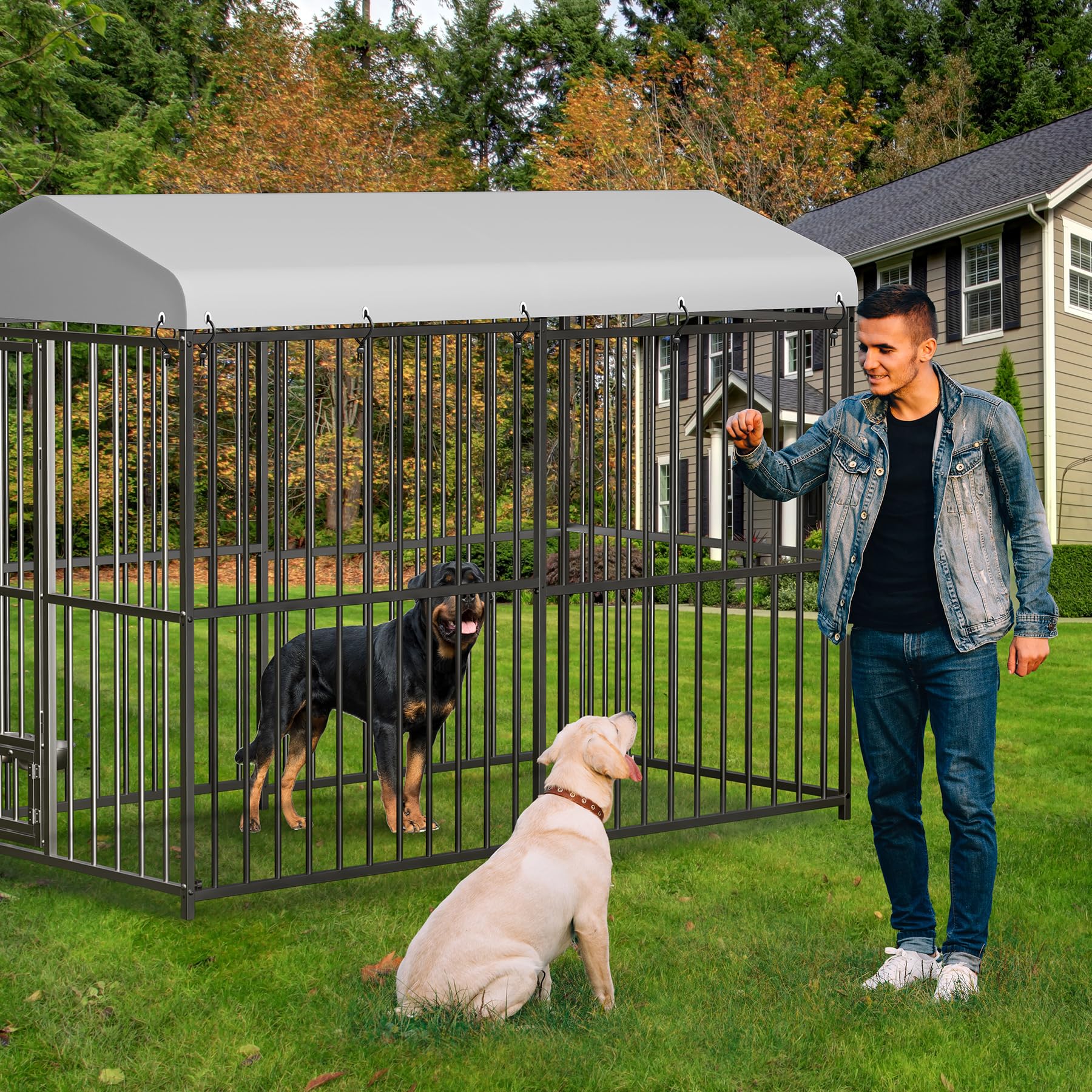 Large Outdoor Dog Kennel with Waterproof Cover, Large Dog House with Feeding Doors, Heavy Duty Dog Enclosures for Garden Backyar