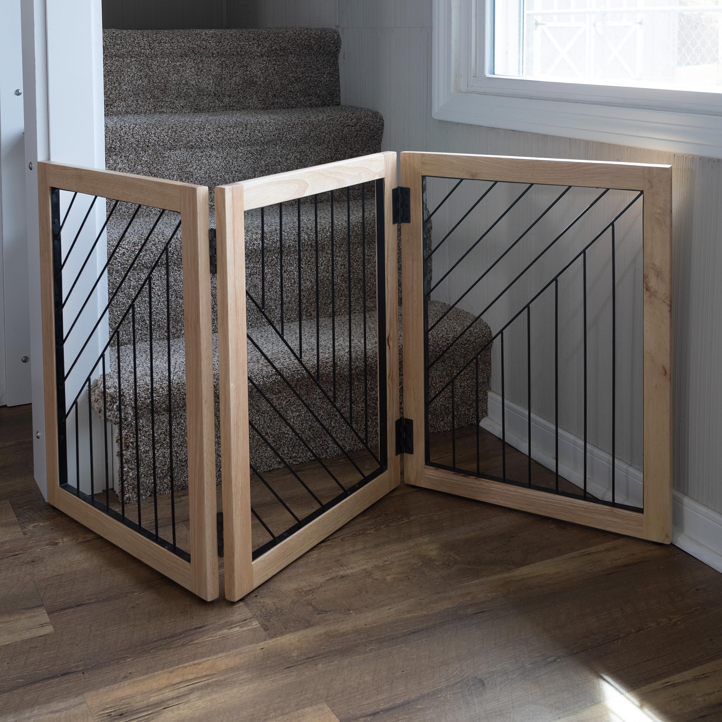 Pet Gate - 3-Panel Indoor Folding Dog Gate For Stairs Or Doorways - 54X24-Inch Freestanding Pet Fence For Cats And Dogs By Petmaker (Natural)
