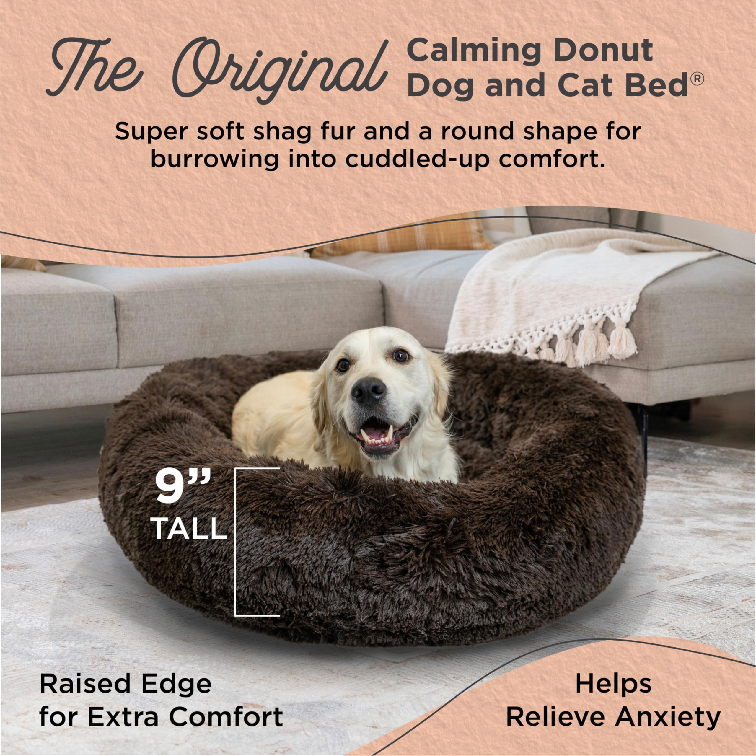 Best Friends By Sheri The Original Calming Donut Dog And Cat Bed In Shag Fur, Dark Brown, Large, 36X36