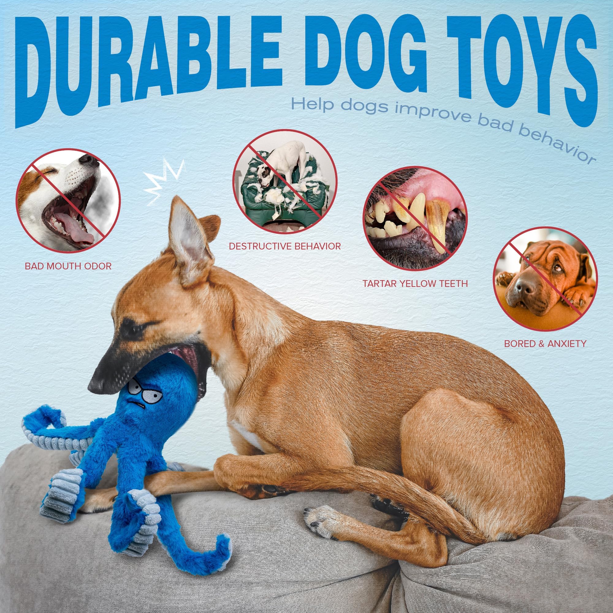 Legend Sandy Tough Dog Toys, Stuffed Dog Chew Toys, Large Dog Toys To Keep Them Busy, Interactive Dog Toys, Squeaky Dog Toys, Tug Of War Dog Toy, Crinkle Dog Toy (Blue Octopus)