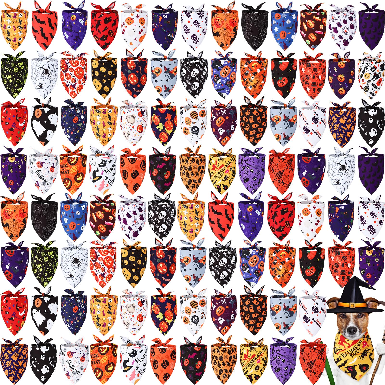 Kigeli 100 Pack Halloween Dog Bandanas Adjustable Triangle Bibs Scarf Ghost Halloween Pumpkin Spider Web Pet Bandanas Costumes H