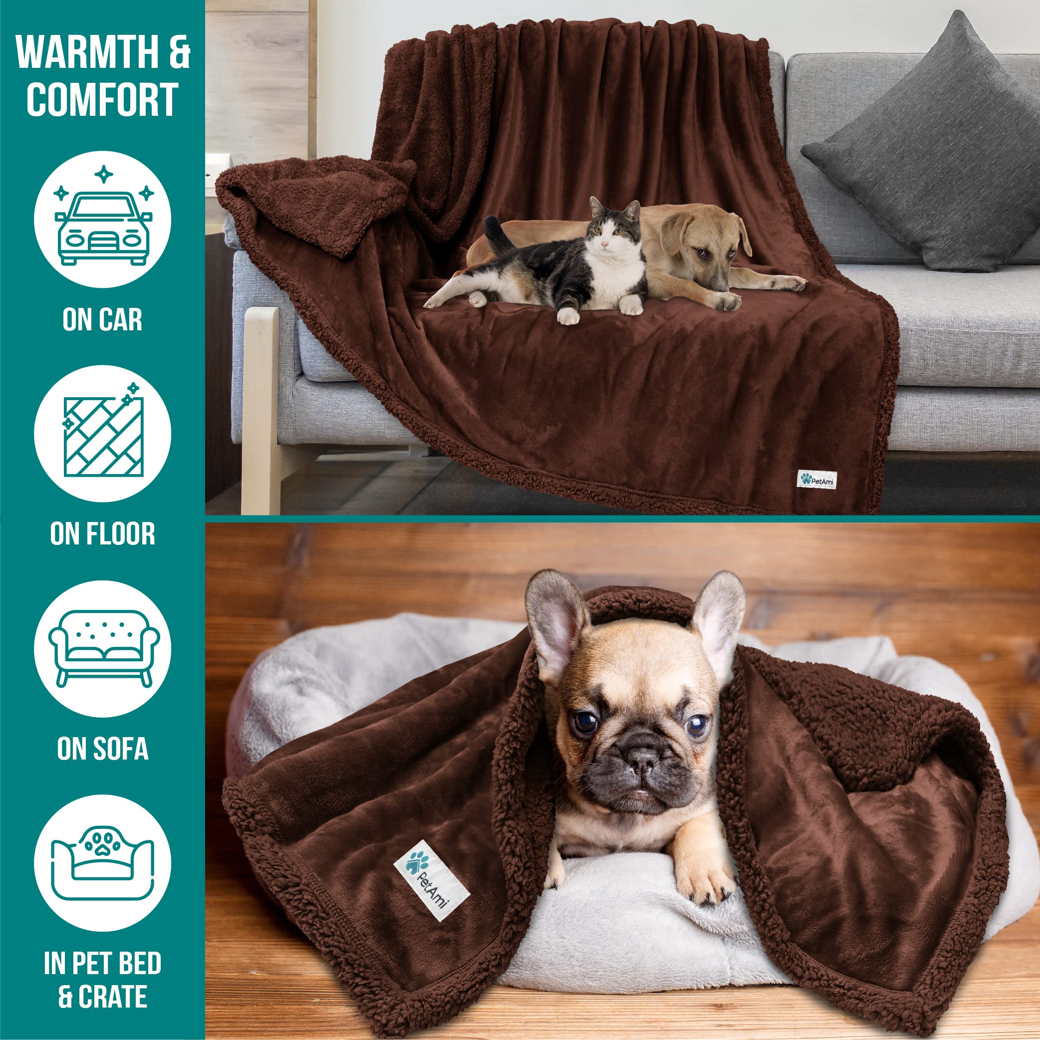 Petami Waterproof Dog Blanket For Bed, Xl Dog Pet Blanket Couch Cover Protection, Sherpa Fleece Leakproof Bed Blanket For Crate Kennel Sofa Furniture Protector, Reversible Soft Plush 80X60 Brown Brown