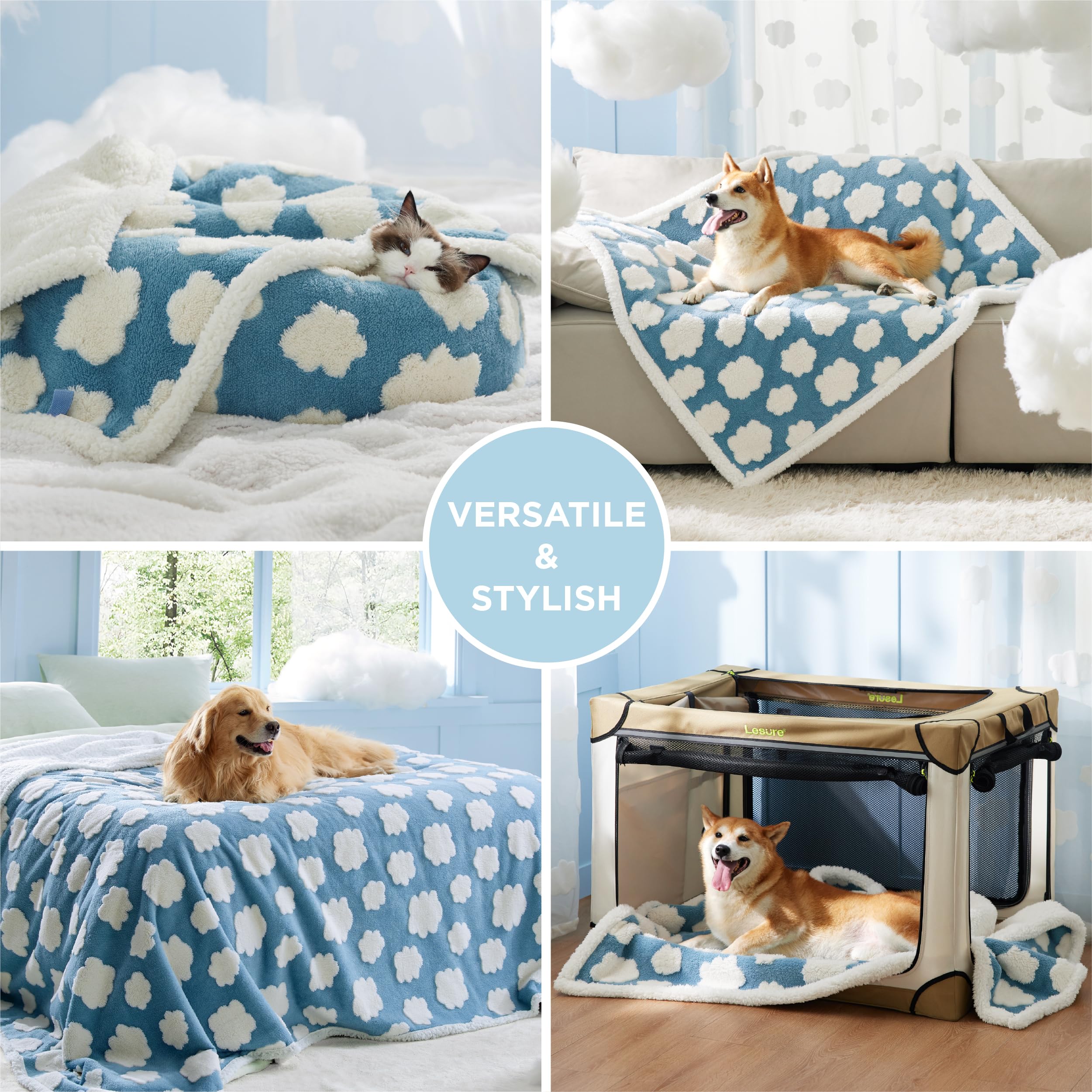 LE SURE Waterproof Dog Blanket - XL Blue Sherpa Fleece & Jacquard Shag, Washable Double Sided, Pet Protection for Couch & Bed