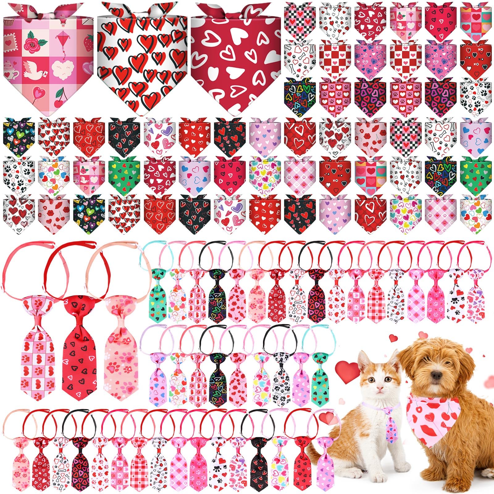 Reginary 108 Pcs Valentine'S Day Dog Bandanas Bulk Dog Neck Ties Set Adjustable Washable Pet Triangle Red Pink Heart Medium Smal