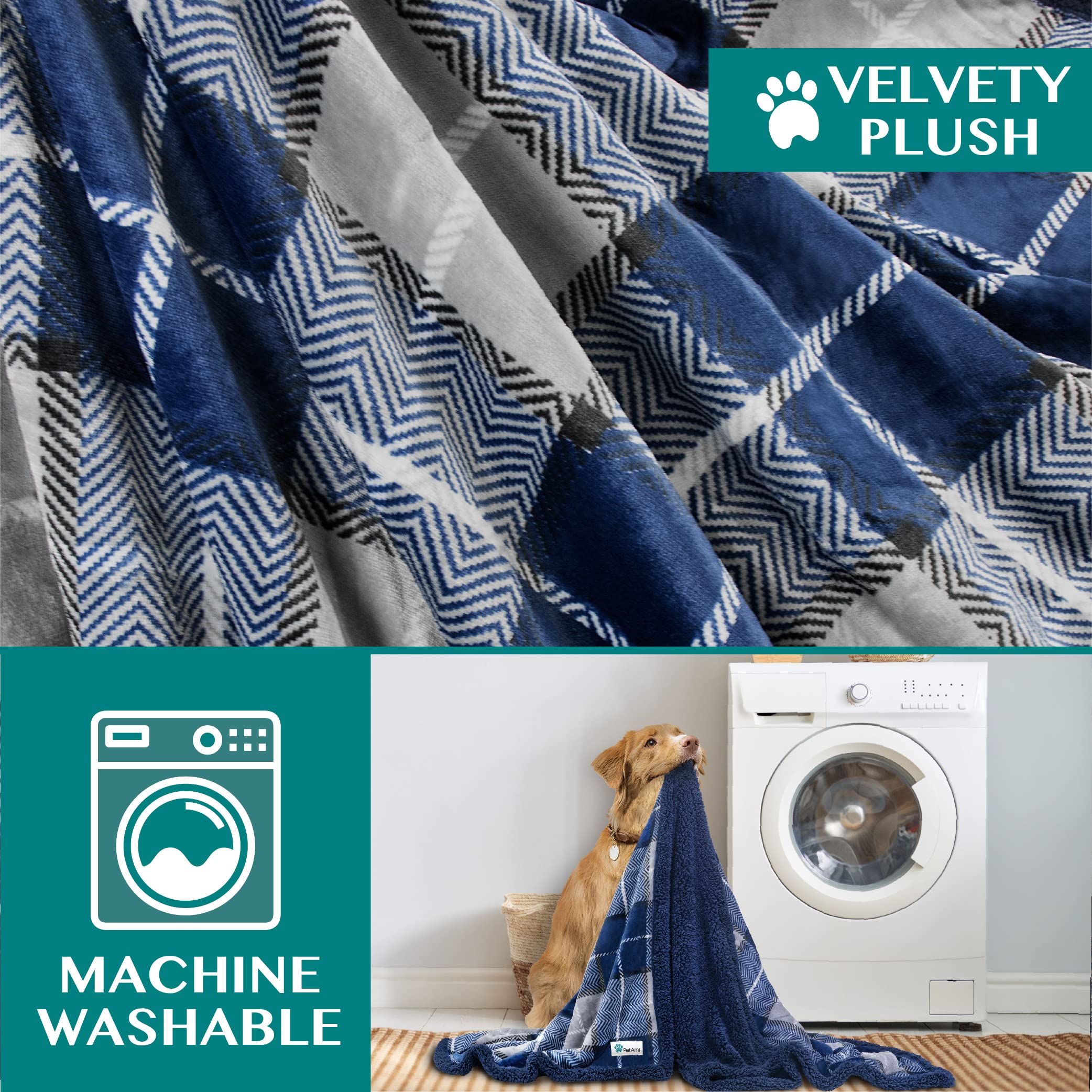 Petami Dog Blanket For Medium Large Dogs, Pet Bed Blanket Cat Puppy Kitten, Fleece Furniture Couch Cover Protector Sofa Car, Soft Sherpa Dog Throw Plush Reversible Washable, 40X60 Plaid Navy Blue