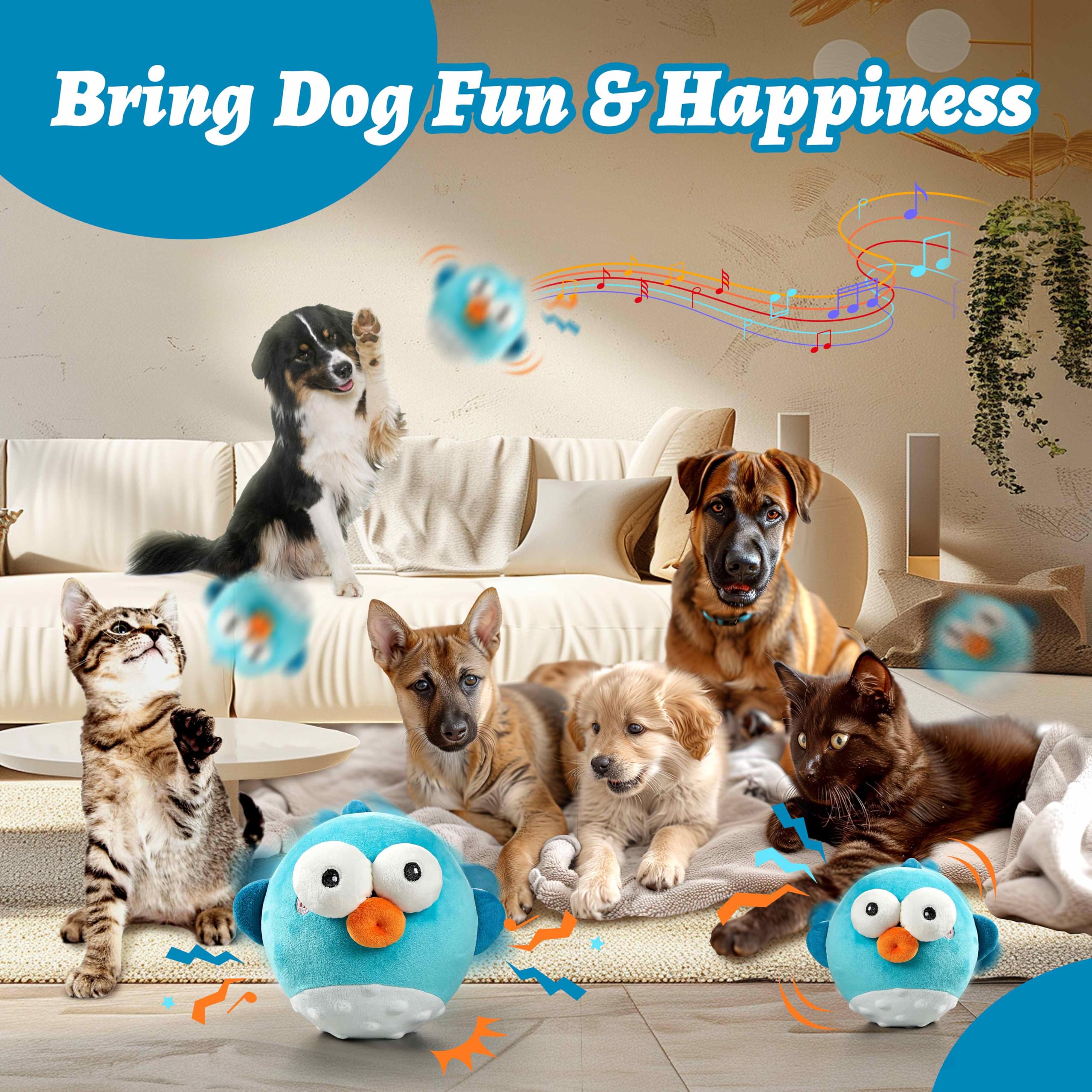 Gukco Dog Toys,Rechargeable Crinkle Chew Interactive Squeaky Toy With Jumping Music Moving Ball For Small Medium Large Breed Pup