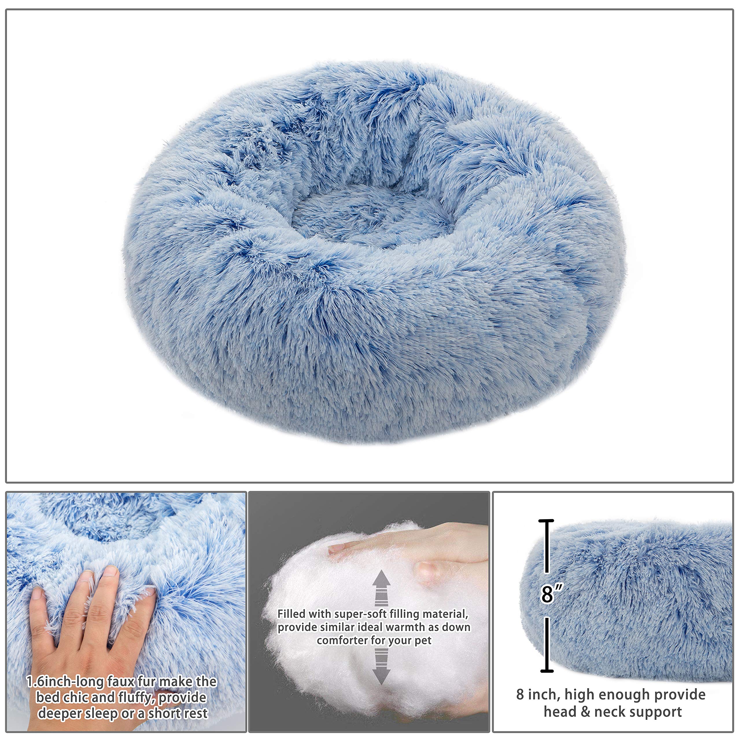 Tormays Calming Dog Cat Bed Small, Plush Round Cuddler Pet Bolster Faux Fur Fluffy Cushion Bed, Anit-Anxiety Self-Warming Comfy