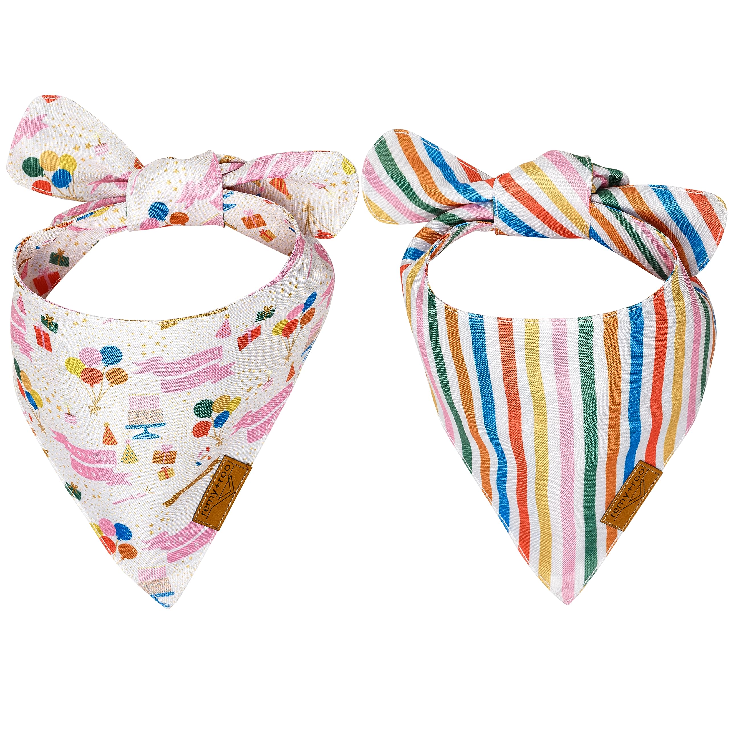 Remy+Roo Small Dog Bandanas - 2 Pack Birthday Set | Premium Durable Adjustable Polyester Fabric Dog Scarfs | Patented Shape, Tre