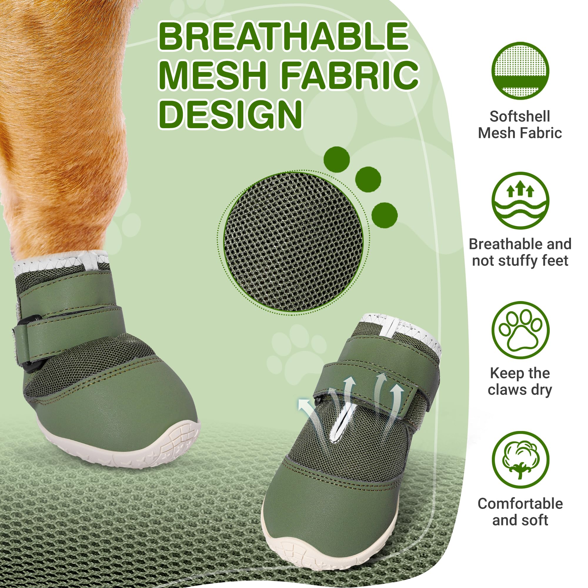 DcOaGt Dog Shoes for Large Dogs, Size 9, Green Mesh-Reflective, Anti-Slip Booties for Summer & Winter, Model 001, Pack of 4