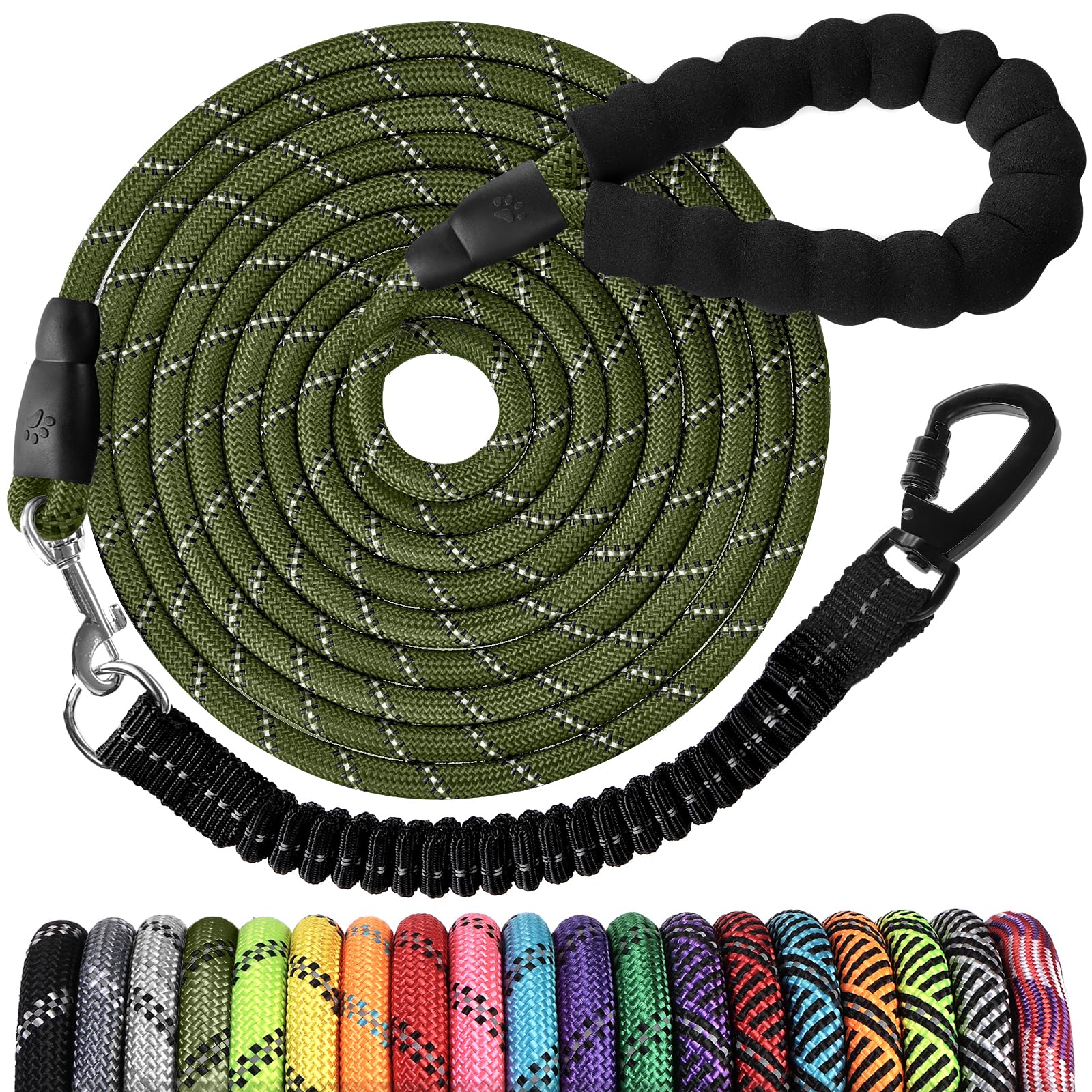 jenico Long Dog Leash 10FT: Heavy Duty Nylon Rope Leashes for Dogs Training with Reflective Threads Bungee and Padded Handle - D
